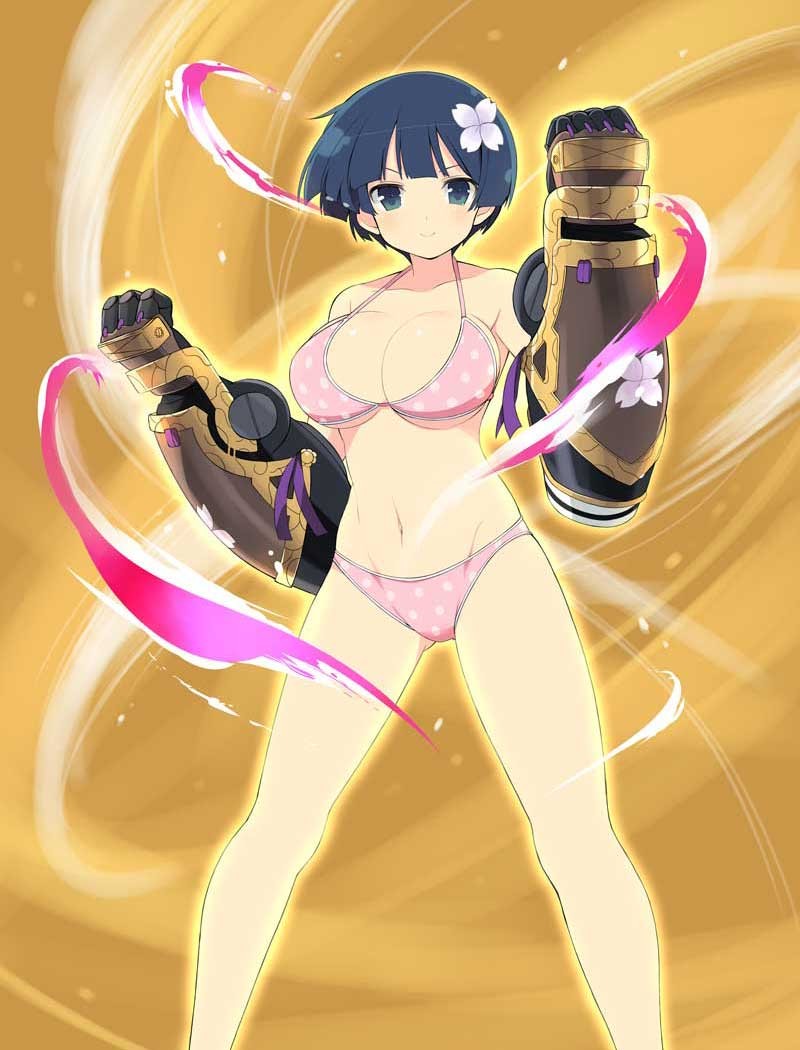yozakura (senran kagura), senran kagura, senran kagura new wave, senran kagura shinovi versus, 1girl, aura, bikini, blue hair, blunt bangs, blush, bowl cut, breasts, cleavage, collarbone, energy, flower, gauntlets, gluteal fold, groin, hair flower, hair ornament, large breasts, linea alba, looking at viewer, navel, pink bikini, polka dot, polka dot bikini, power fist, shiny skin, short hair, smile, solo, standing, swimsuit, underboob, yellow background