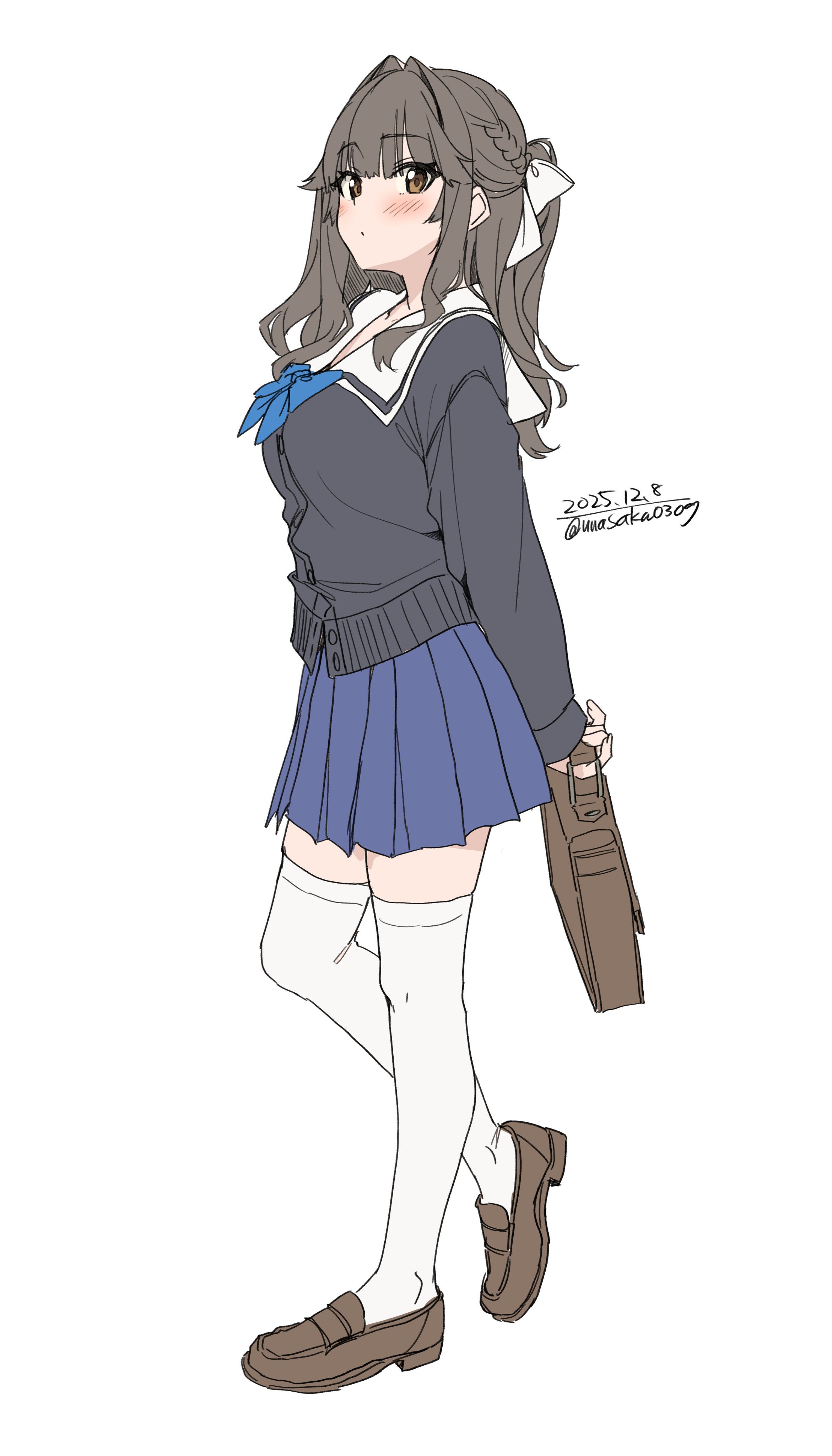 unasaka ryou, original, absurdres, commentary request, highres, 1girl, bag, black cardigan, blue bow, blue skirt, blush, bow, braid, breasts, brown eyes, brown hair, cardigan, closed mouth, hair ornament, long hair, long sleeves, looking at viewer, pleated skirt, sailor collar, school uniform, shoes, shoulder bag, simple background, skirt, solo, thighhighs, white background, white sailor collar, white thighhighs