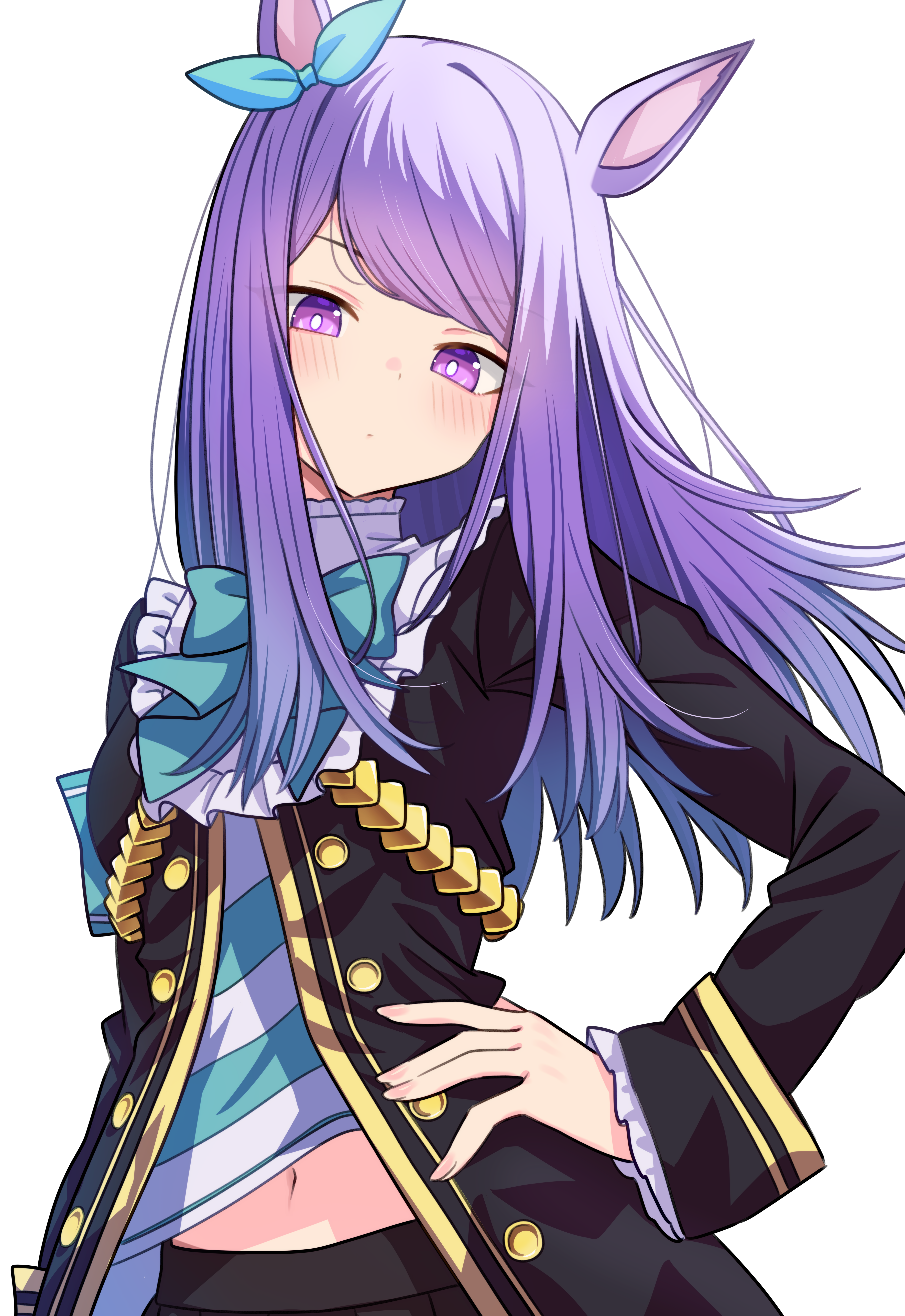 07nono06, mejiro mcqueen (frontline elegance) (umamusume), mejiro mcqueen (umamusume), umamusume, absurdres, highres, 1girl, animal ears, black jacket, blush, bow, frogging, green bow, hand on own hip, horse ears, horse girl, jacket, long hair, long sleeves, looking at viewer, midriff peek, navel, purple eyes, purple hair, simple background, solo, upper body, white background