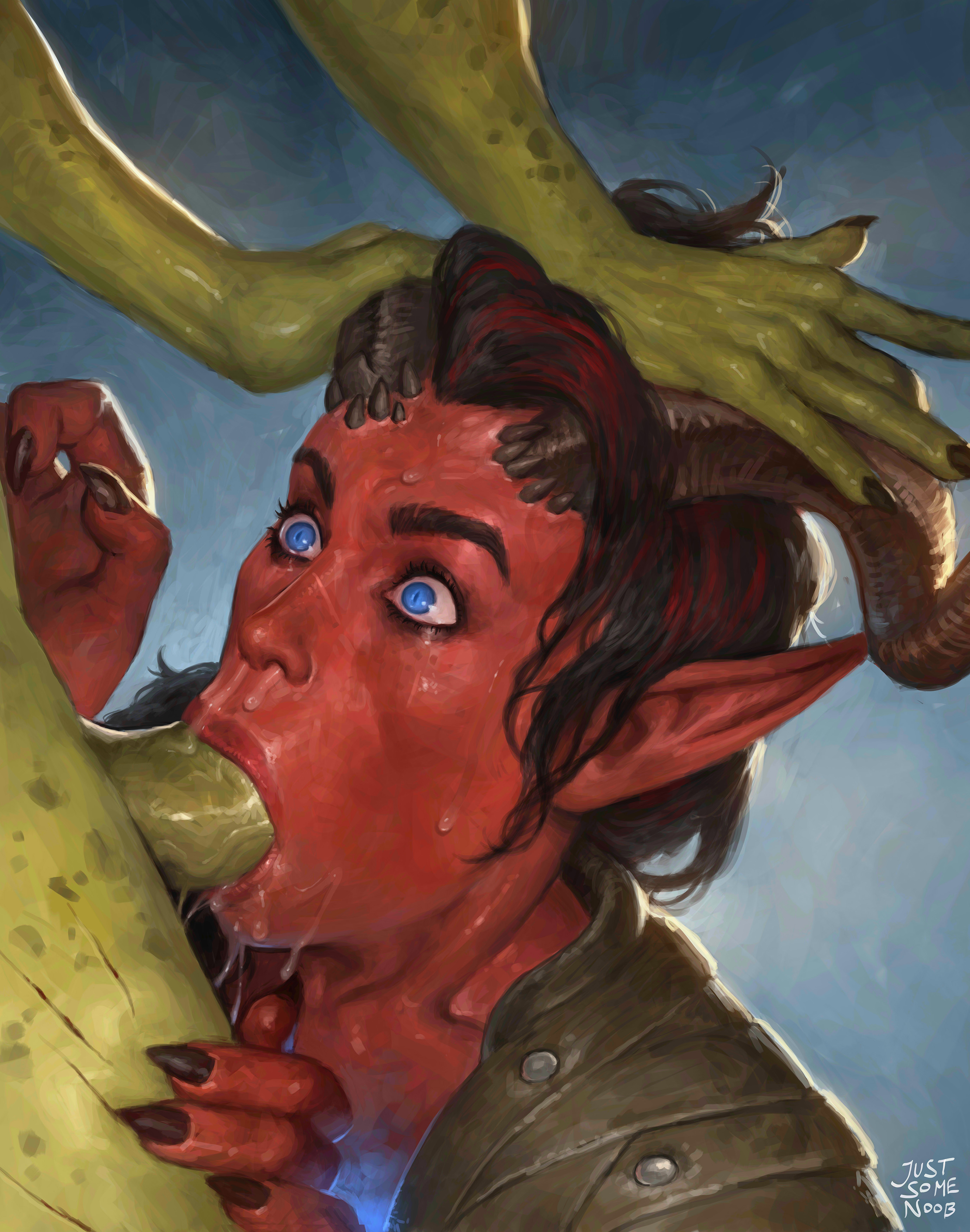 justsomenoob, karlach, tiefling, baldur's gate, baldur's gate 3, dungeons & dragons, dungeons & dragons, absurdres, highres, 1boy, 1girl, artist name, black hair, blue eyes, broken horn, brown horns, colored skin, fellatio, green skin, hetero, horns, oral, penis, pointy ears, red skin