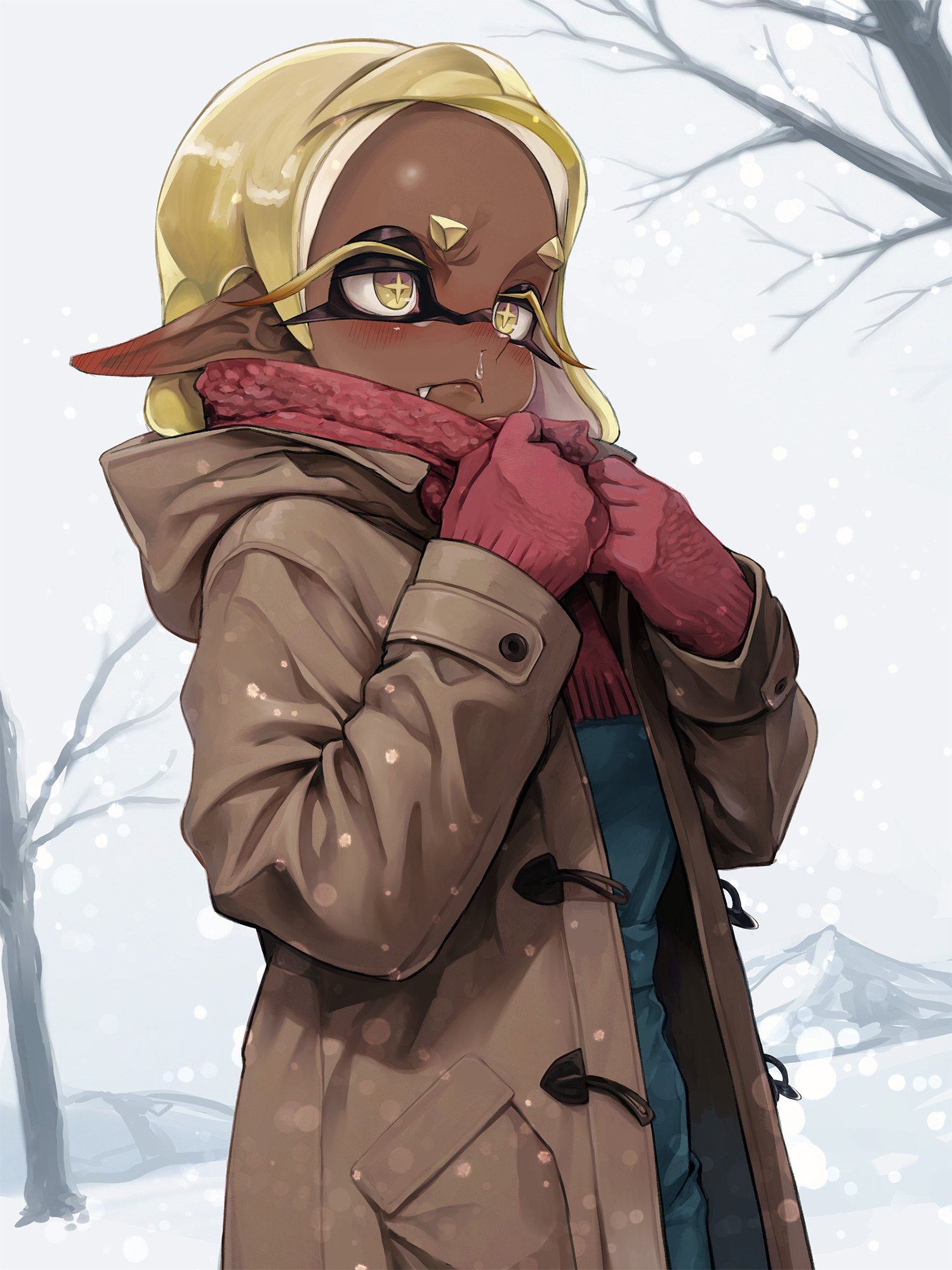 jajanome, frye (splatoon), nintendo, splatoon (series), splatoon 3, commentary request, highres, 1girl, adjusting scarf, blonde hair, branch, brown coat, closed mouth, coat, cold, colored eyelashes, cross-shaped pupils, dark-skinned female, dark skin, fang, fang out, gloves, green sweater, hood, hood down, hooded coat, inkling, long eyelashes, long pointy ears, long sleeves, medium hair, open clothes, open coat, outdoors, pointy ears, red gloves, red scarf, scarf, snot, snowing, solo, sweater, symbol-shaped pupils, tentacle hair, tree, winter, winter clothes, yellow eyes