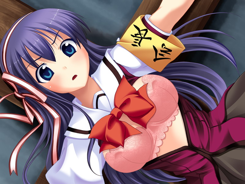 fumizuki yukari, suzumiya natsuki, hara hara!!, large variant set, third-party source, variant set, 1girl, armband, blue eyes, blush, bound, bow, bowtie, bra, breasts, crucifixion, dutch angle, grey skirt, hair between eyes, hair ribbon, indoors, long hair, looking at viewer, medium breasts, open clothes, open shirt, outstretched arms, parted lips, pink bra, purple hair, purple serafuku, red bow, ribbon, safety pin, school uniform, serafuku, short sleeves, skirt, solo, spread arms, standing, underwear, upper body, wince, yellow armband