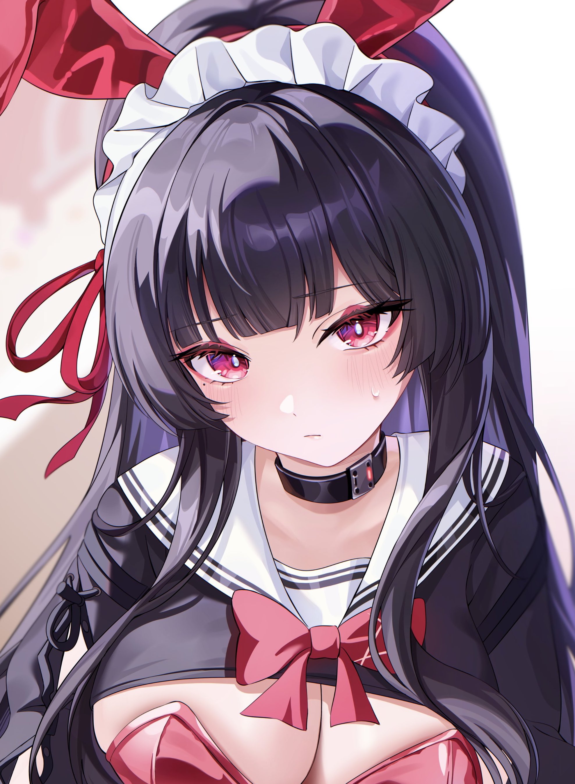 aida noa, chisa (wuthering waves), wuthering waves, absurdres, commentary request, highres, unfinished, 1girl, alternate costume, animal ear hairband, animal ears, black choker, black hair, black shrug, blush, breasts, choker, cleavage, closed mouth, fake animal ears, hair ribbon, hairband, leotard, long hair, long sleeves, looking at viewer, maid headdress, medium breasts, neckerchief, rabbit ear hairband, rabbit ears, red eyes, red leotard, red neckerchief, red ribbon, ribbon, sailor collar, shrug (clothing), simple background, solo, upper body, white background, white sailor collar