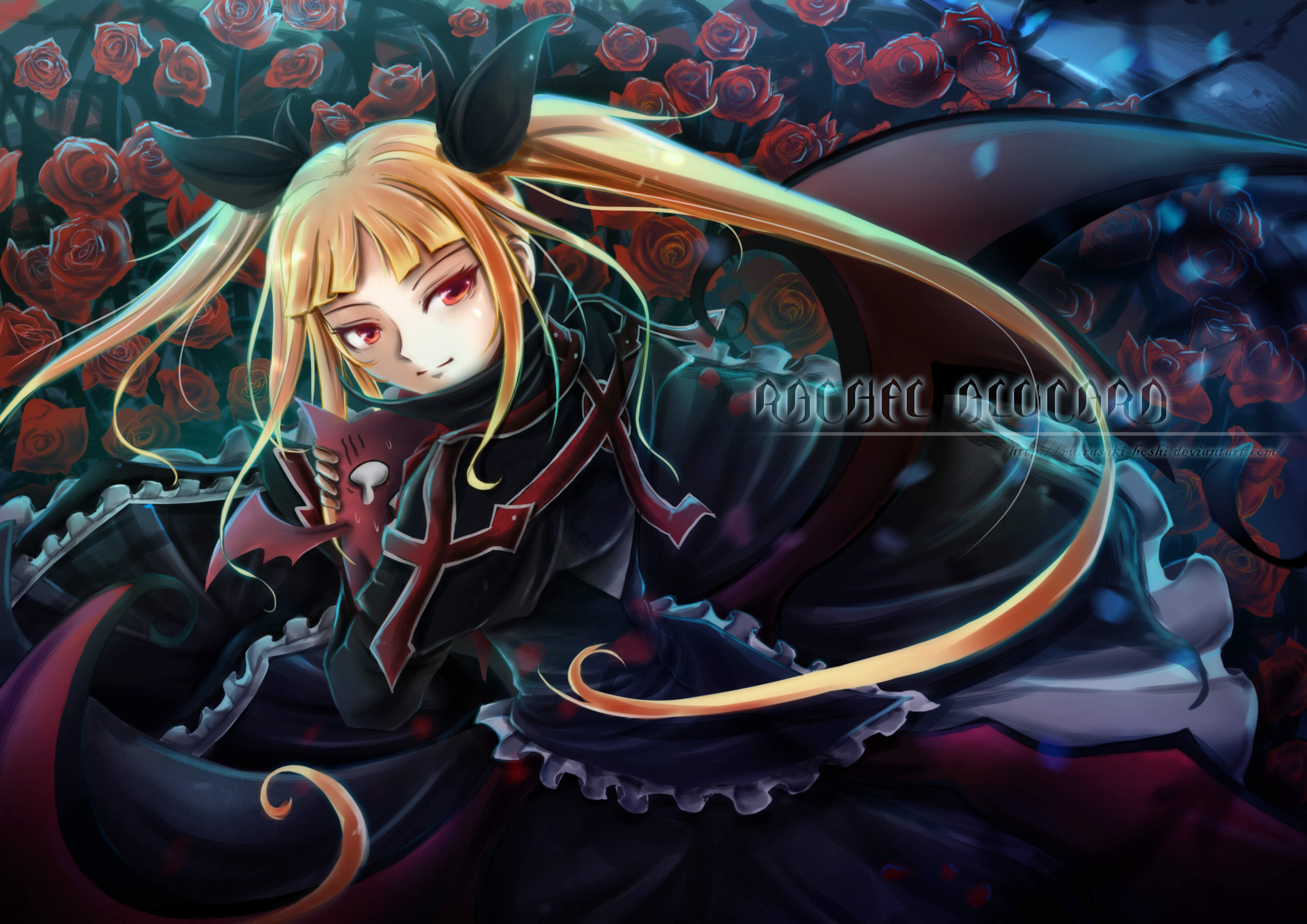 murasaki-hoshi, gii, rachel alucard, arc system works, blazblue, absurdres, highres, md5 mismatch, resized, resolution mismatch, source smaller, upscaled, 1girl, blonde hair, female focus, flower, frills, gothic lolita, hug, lolita fashion, long hair, looking back, red eyes, ribbon, rose, solo, twintails, vampire, wings