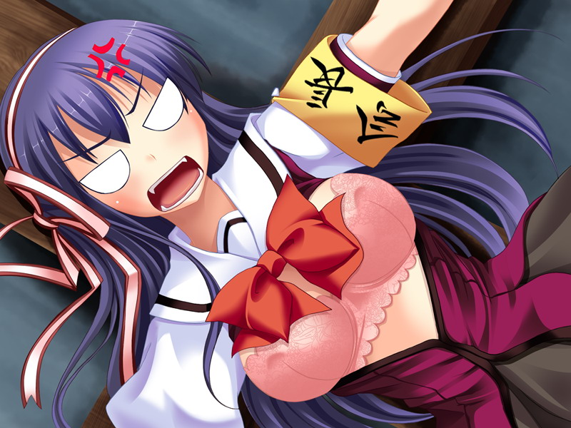 fumizuki yukari, suzumiya natsuki, hara hara!!, large variant set, third-party source, variant set, 1girl, anger vein, angry, armband, blush, bound, bow, bowtie, bra, breasts, crucifixion, dutch angle, grey skirt, hair between eyes, hair ribbon, indoors, long hair, looking at viewer, medium breasts, open clothes, open mouth, open shirt, outstretched arms, pink bra, purple hair, purple serafuku, red bow, ribbon, safety pin, school uniform, serafuku, short sleeves, skirt, solo, spread arms, standing, underwear, upper body, v-shaped eyebrows, white eyes, yellow armband