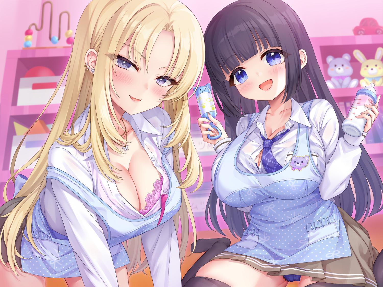 otosume ruiko, original, commentary request, official art, 2girls, apron, asmr, baby bottle, black hair, black thighhighs, blonde hair, blue apron, blue eyes, blue necktie, blurry, blurry background, blush, bottle, bra, bra peek, bra visible through clothes, breasts, brown skirt, collared shirt, holding, indoors, large breasts, long hair, looking at viewer, multiple girls, necktie, open mouth, panties, pink bra, polka dot, polka dot apron, purple eyes, purple hair, purple panties, rattle, shirt, sitting, skirt, smile, thighhighs, underwear, wariza, white shirt