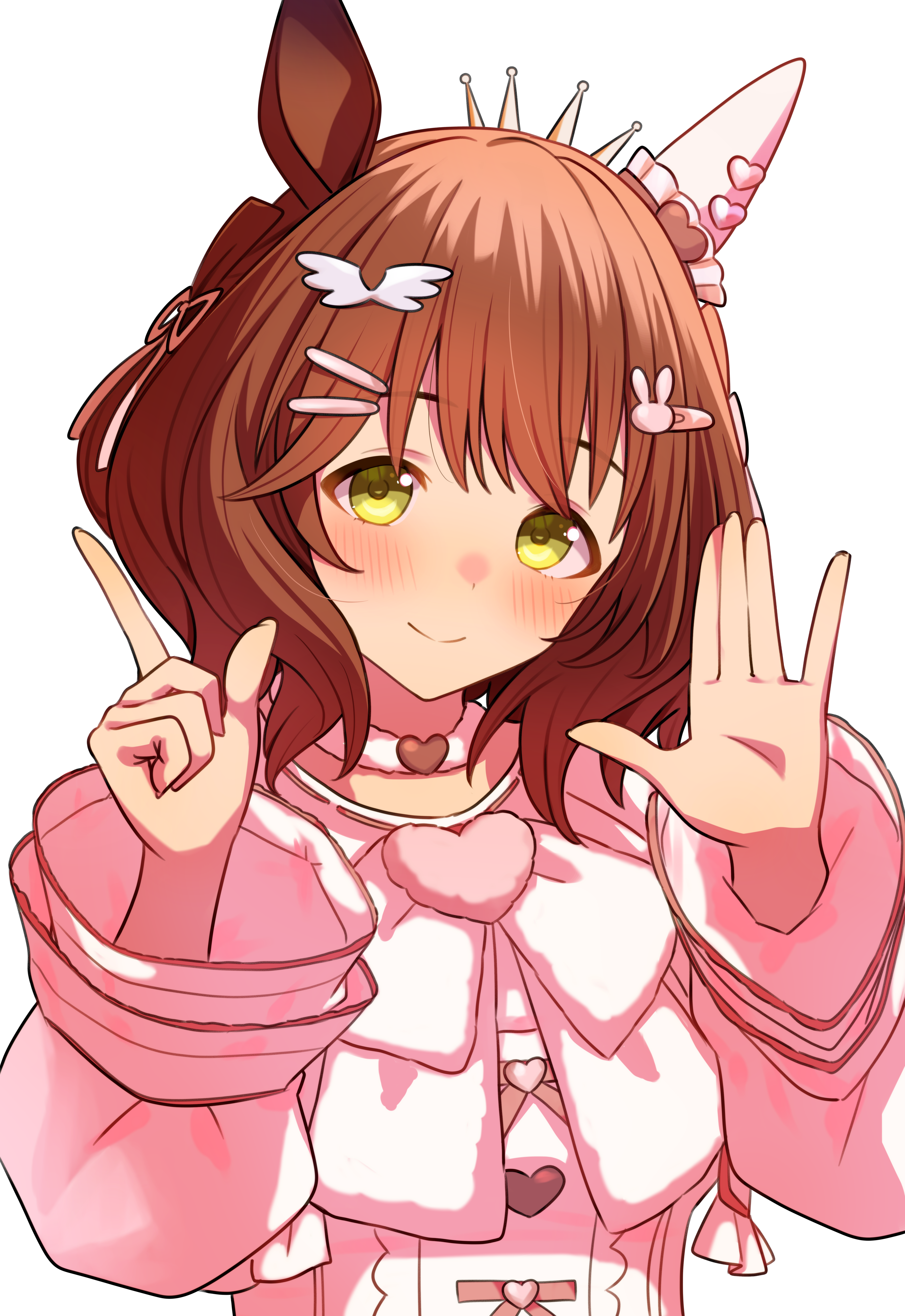 07nono06, aston machan (everlasting candy) (umamusume), aston machan (umamusume), umamusume, absurdres, commentary request, highres, 1girl, animal ears, brown hair, closed mouth, green eyes, hair ornament, hairclip, hands up, heart, horse ears, horse girl, long sleeves, looking at viewer, official alternate costume, open hand, smile, upper body