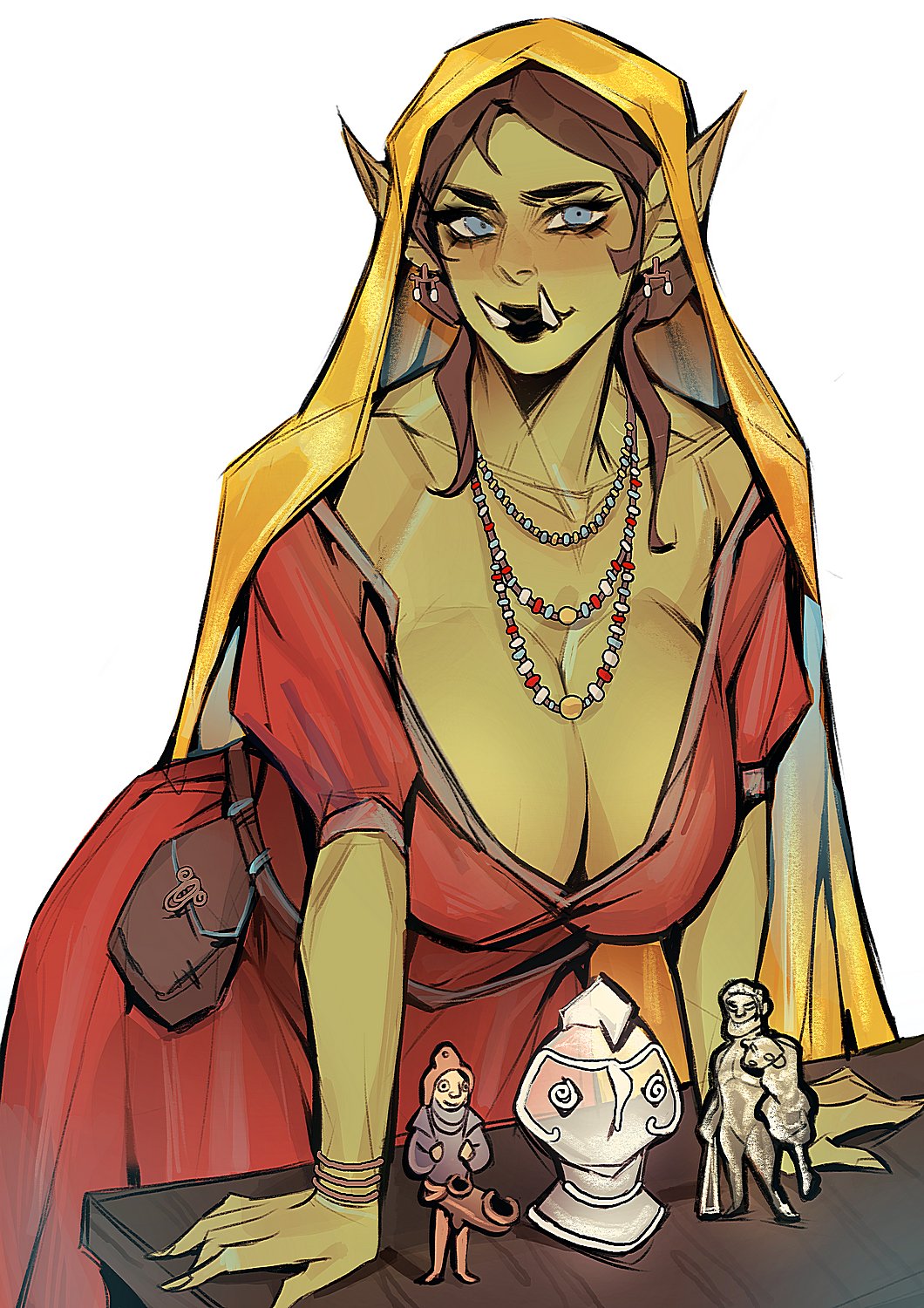 ykshelter, original, commentary, english commentary, highres, 1girl, blue eyes, breasts, brown hair, cleavage, colored skin, dress, female orc, green skin, jewelry, long hair, necklace, orc, pointy ears, red dress, simple background, solo, tusks, white background