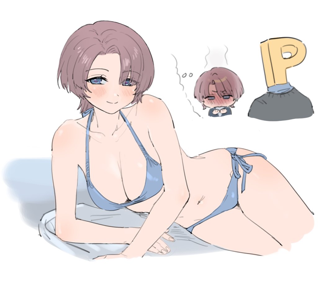 qopqop, arimura mao, p-head producer, producer (idolmaster), gakuen idolmaster, idolmaster, 1boy, 1girl, bikini, blue bikini, blush, breasts, large breasts, speech bubble, swimsuit, thought bubble, white background