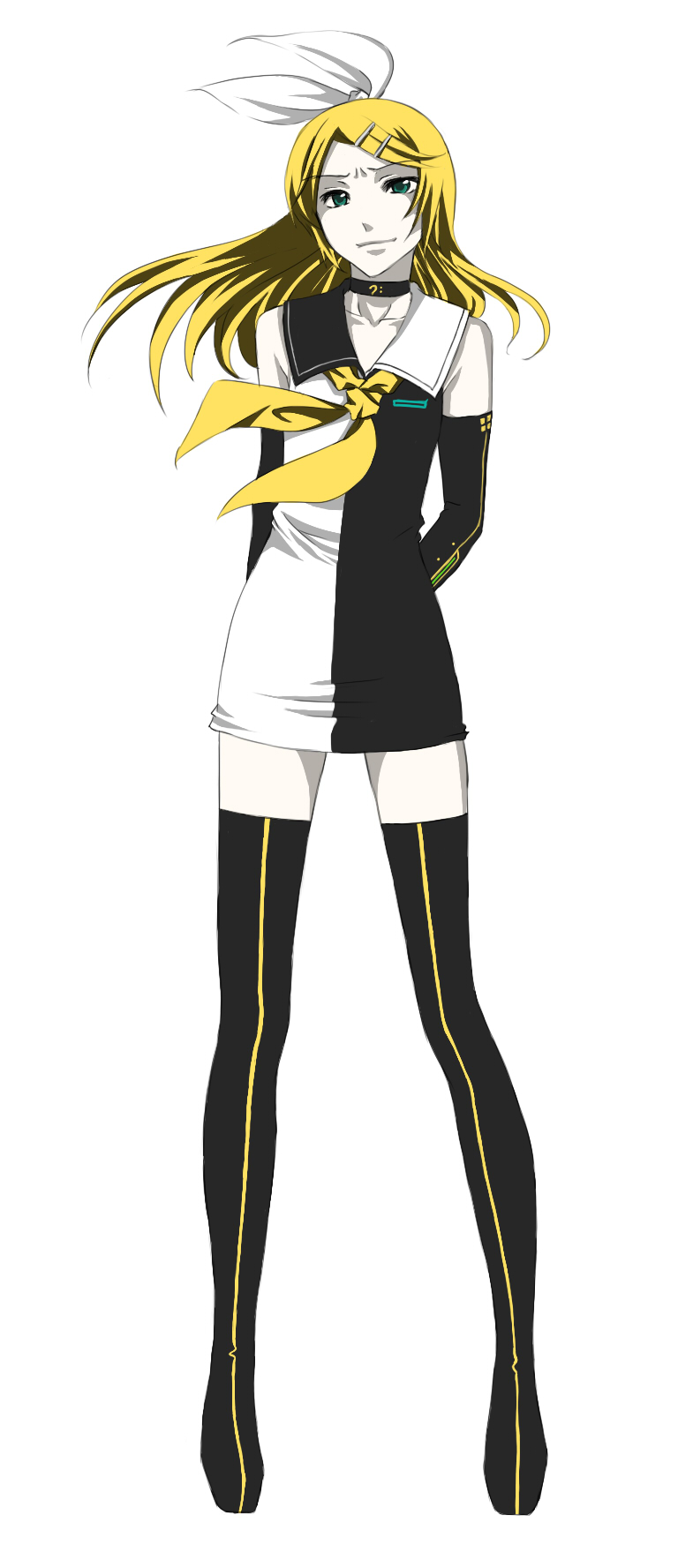 tottoto tomekichi, kagamine rin, roshin yuukai (vocaloid), vocaloid, bad id, bad pixiv id, highres, 1girl, black thighhighs, blonde hair, choker, dress, elbow gloves, female focus, full body, gloves, green eyes, hair ornament, hair ribbon, hairclip, kakokou, long hair, ribbon, sailor dress, simple background, smile, solo, thighhighs, white background, zettai ryouiki