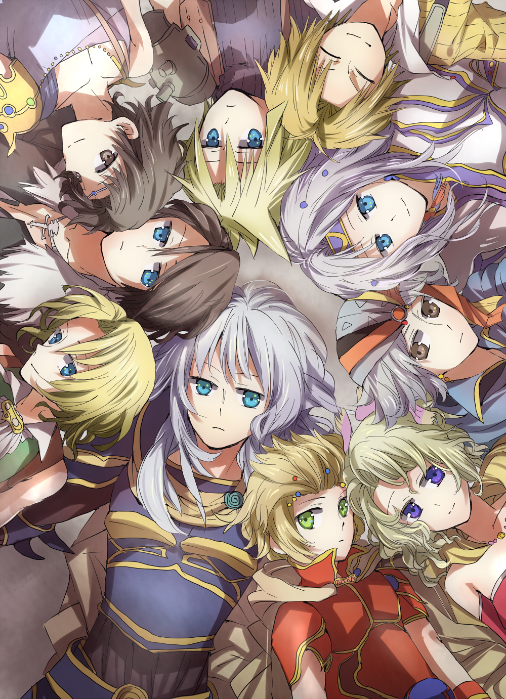 minota, bartz klauser, cecil harvey, cloud strife, firion, onion knight, squall leonhart, tidus, tina branford, warrior of light (ff1), zidane tribal, dissidia final fantasy, final fantasy, final fantasy i, final fantasy ii, final fantasy iii, final fantasy iv, final fantasy ix, final fantasy v, final fantasy vi, final fantasy vii, final fantasy viii, final fantasy x, 1980s (style), highres, 00s, 1990s (style), 1girl, 6+boys, blonde hair, blue eyes, brown hair, closed eyes, everyone, green eyes, in-franchise crossover, multiple boys, oldschool, retro artstyle