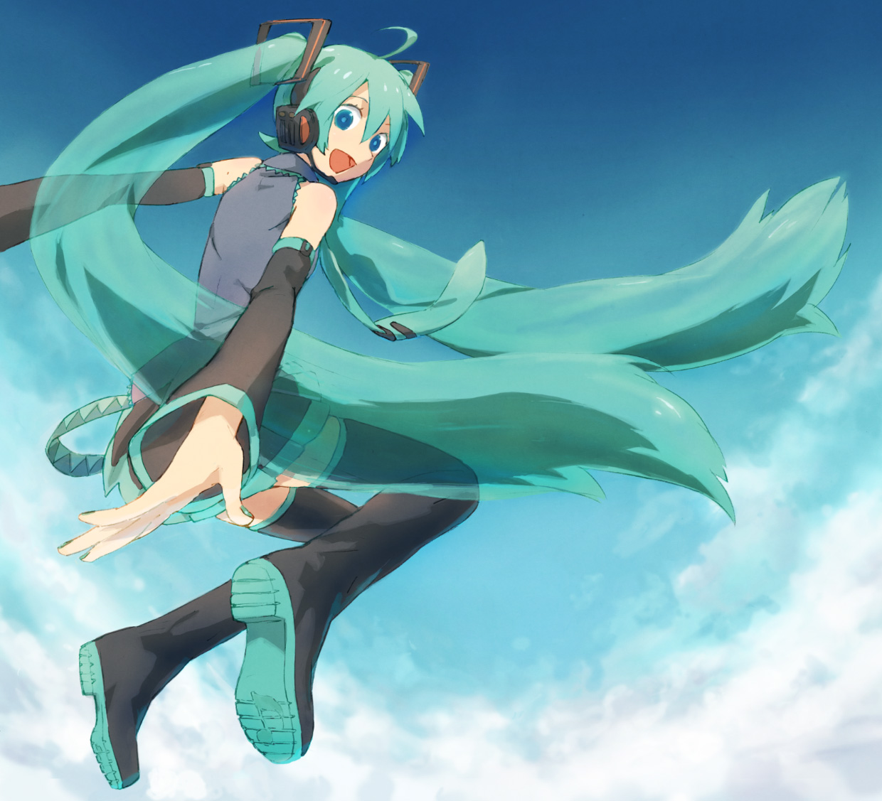 mitosa, hatsune miku, vocaloid, 1girl, aqua nails, blue eyes, detached sleeves, female focus, green hair, headphones, jumping, long hair, looking back, nail polish, skirt, smile, solo, thighhighs, twintails