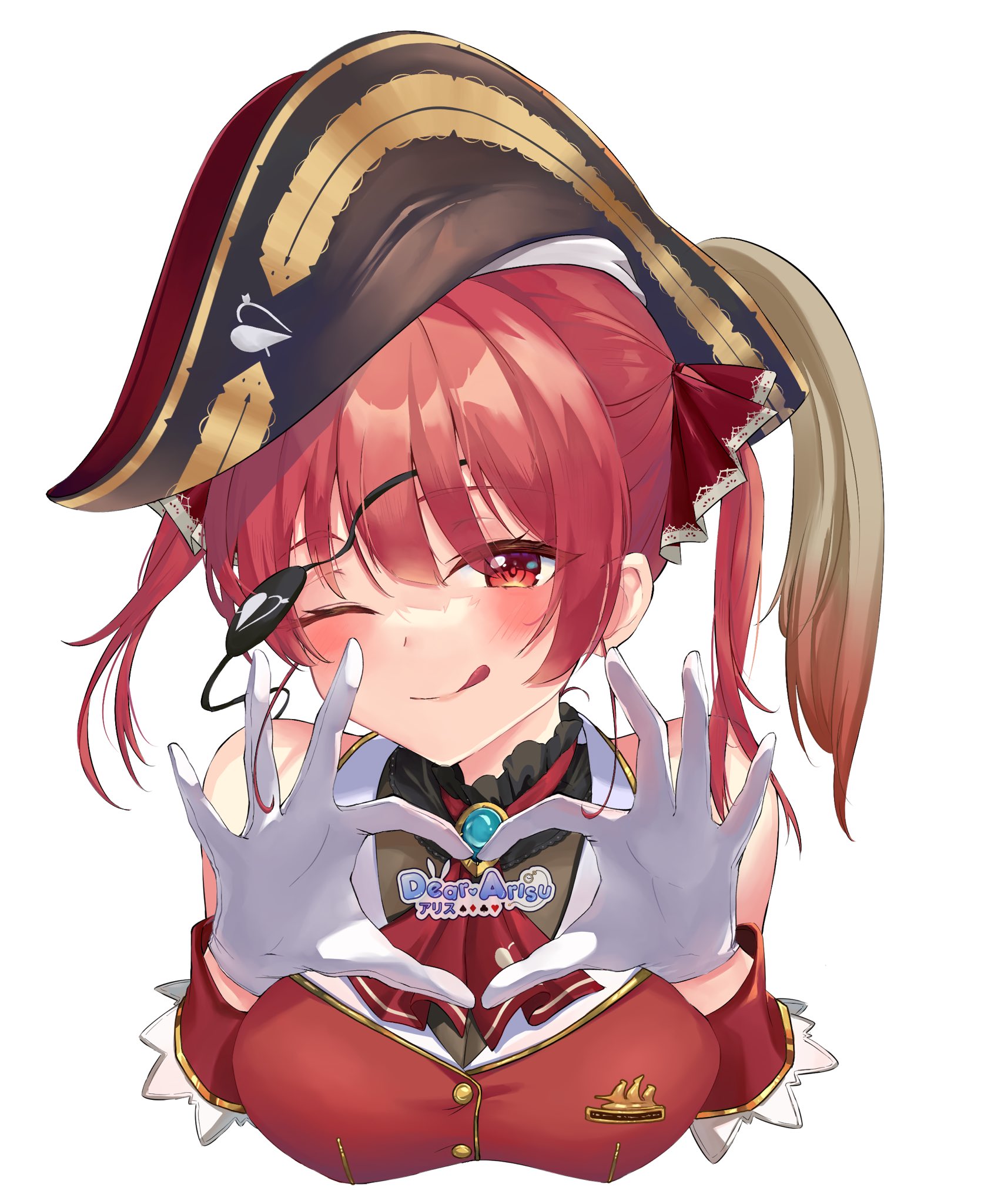 dear arisu, houshou marine, houshou marine (1st costume), hololive, hashtag-only commentary, highres, 1girl, :q, ascot, bare shoulders, bicorne, black hat, blue gemstone, blush, breasts, brooch, choppy bangs, cleavage, closed mouth, cropped torso, eyepatch, gem, gloves, hands up, hat, heart, heart hands, jacket, jewelry, large breasts, long hair, looking at viewer, red ascot, red eyes, red hair, red jacket, see-through cleavage, see-through clothes, simple background, smile, solo, tongue, tongue out, twintails, virtual youtuber, white background, white gloves
