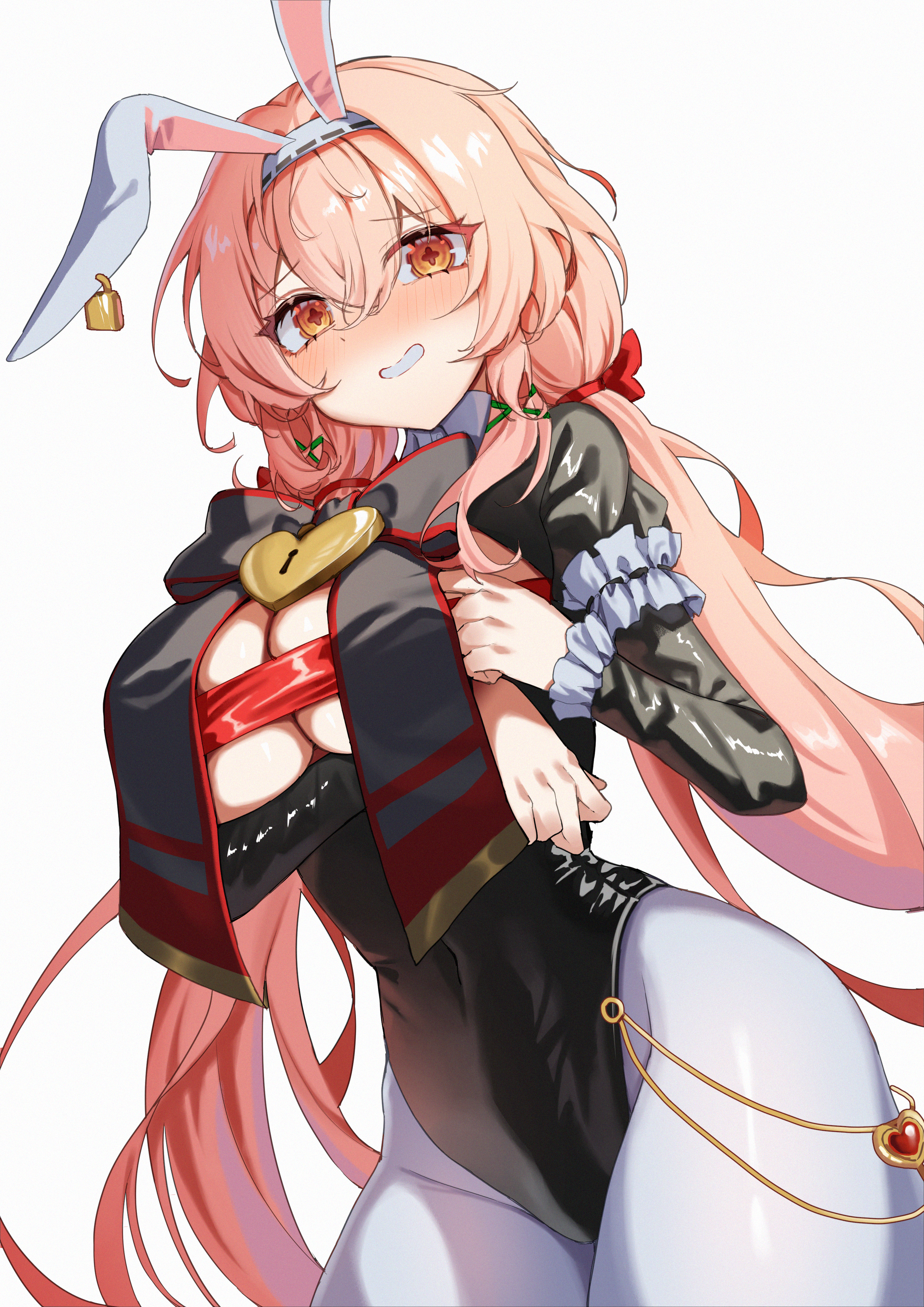 jinggun, counter:side, absurdres, commentary request, highres, korean commentary, 1girl, alternate costume, animal ears, aura (counter:side), black leotard, black ribbon, black shrug, blush, breasts, cleavage, cowboy shot, cross-shaped pupils, fake animal ears, frilled arm strap, frilled sleeves, frills, hair between eyes, hairband, large breasts, leotard, long hair, long sleeves, looking at viewer, orange eyes, orange hair, pantyhose, playboy bunny, rabbit ears, red ribbon, ribbon, shrug (clothing), simple background, smile, symbol-shaped pupils, white background, white hairband, white pantyhose