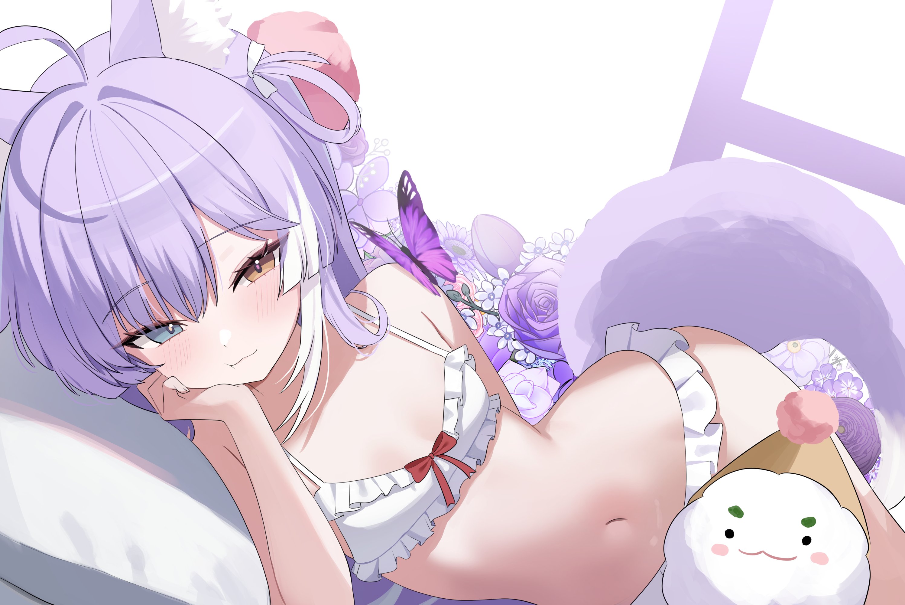 nannung, tenko shibuki, stellive, commentary request, highres, korean commentary, 1girl, :3, ahoge, animal ears, bare shoulders, bikini, blue eyes, bow, bug, butterfly, closed mouth, flower, fox ears, fox girl, fox tail, frilled bikini, frills, hair ornament, hair rings, hand on own cheek, hand on own face, heterochromia, inari (tenko shibuki), insect, long hair, looking at viewer, lying, multicolored hair, navel, on side, pom pom (clothes), pom pom hair ornament, purple flower, purple hair, red bow, rose, smile, solo, stomach, streaked hair, string bikini, swimsuit, tail, virtual youtuber, white bikini, yellow eyes