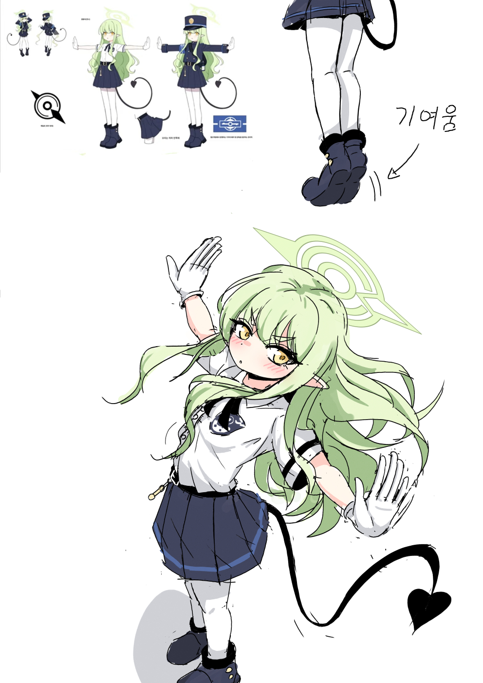 chilong (heronas), hikari (blue archive), blue archive, commentary request, highres, translation request, 1girl, arrow (symbol), black boots, black ribbon, black skirt, blush, boots, demon tail, feet, foot focus, gloves, green hair, green halo, halo, korean text, long hair, long sidelocks, looking at viewer, multiple views, neck ribbon, official art inset, outstretched arms, pantyhose, pleated skirt, pointy ears, prototype design, ribbon, shirt, short sleeves, sidelocks, skirt, tail, tiptoes, white background, white gloves, white pantyhose, white shirt, yellow eyes