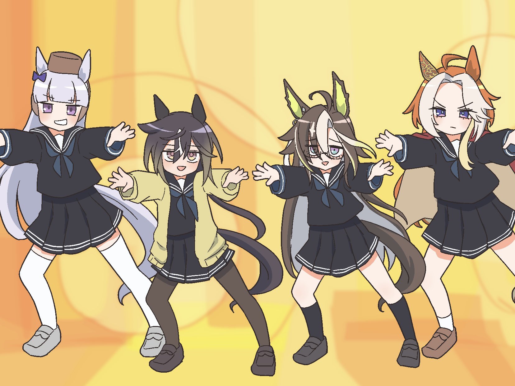 echieichi, dream journey (umamusume), gold ship (umamusume), orfevre (umamusume), stay gold (umamusume), lucky star, motteke! serafuku, umamusume, commentary request, highres, 4girls, :d, animal ears, black pantyhose, black sailor collar, black serafuku, black shirt, black shoes, black skirt, black socks, blonde streaks, blue eyes, blue neckerchief, brown shoes, cape, cardigan, closed mouth, colored bangs, colored inner hair, curtained hair, glasses, grey hair, grey shoes, grin, horse ears, horse girl, horse tail, jitome, loafers, long hair, looking at viewer, miniskirt, multicolored hair, multiple girls, neckerchief, open cardigan, open clothes, open mouth, orange hair, outstretched arms, pantyhose, parody, parted bangs, pleated skirt, purple eyes, red cape, sailor collar, school uniform, semi-rimless eyewear, serafuku, shirt, shoes, skirt, smile, socks, stay gold clan (umamusume), tail, thighhighs, under-rim eyewear, v-shaped eyebrows, white streaks, white thighhighs, yellow background, yellow cardigan, yellow eyes, zettai ryouiki