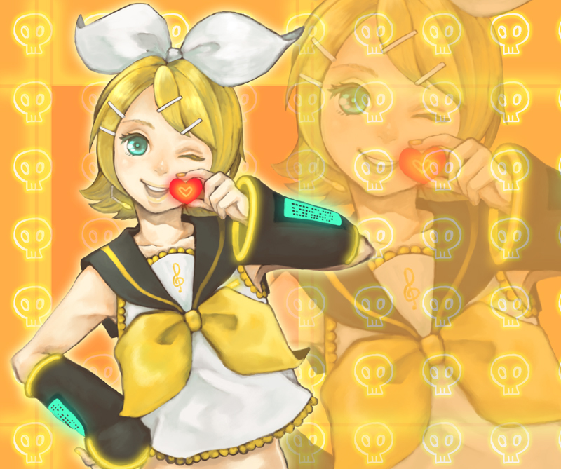 noja, kagamine rin, vocaloid, 1girl, aqua eyes, blonde hair, female focus, hair ornament, hair ribbon, hairclip, headphones, headset, midriff, ribbon, short hair, smile, solo, wink