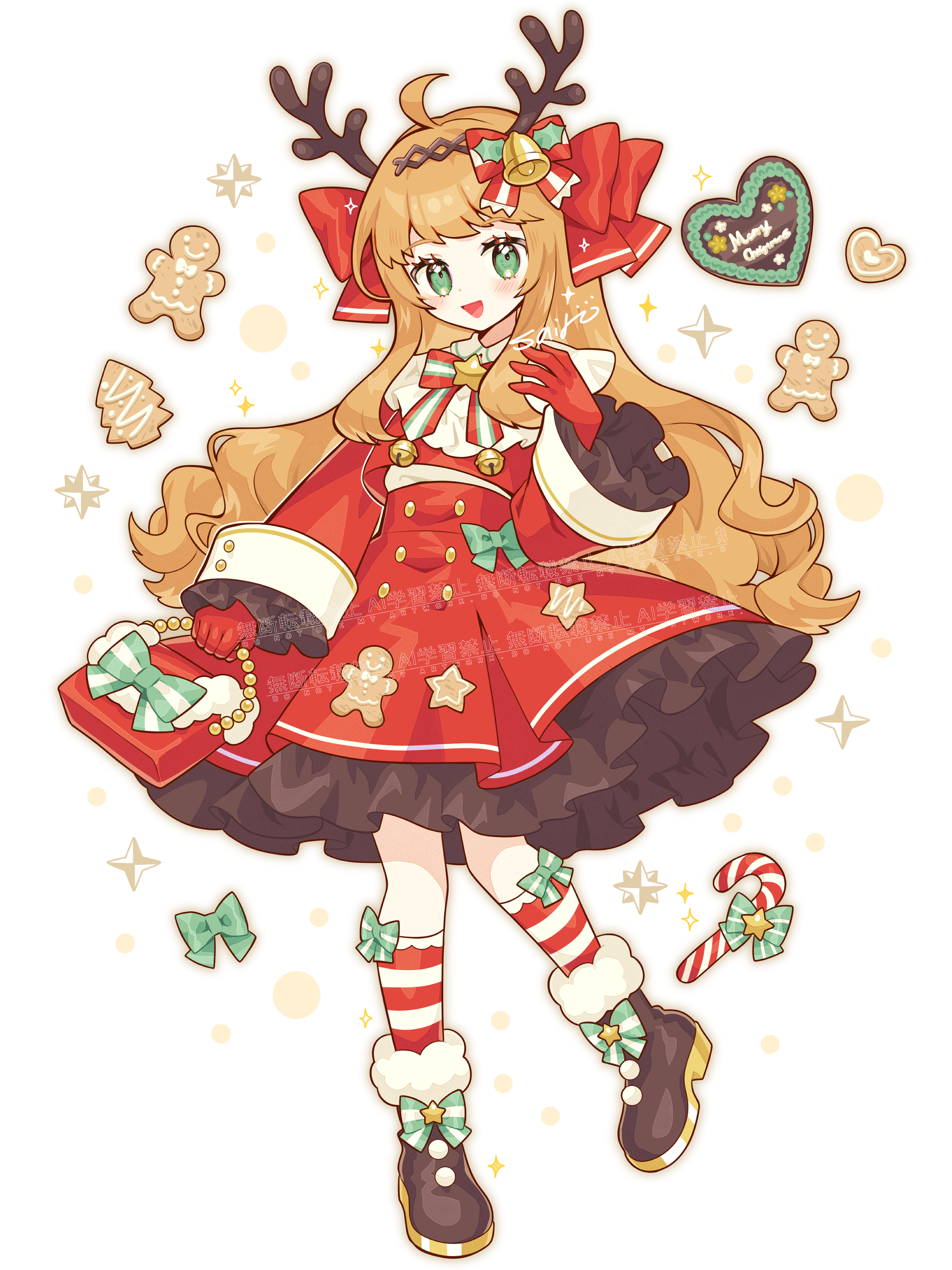 saijo1201, original, absurdres, commentary, highres, 1girl, :d, ahoge, antlers, bag, blonde hair, blush, boots, bow, bow legwear, bowtie, brown boots, candy, candy cane, christmas, dress, food, footwear bow, frilled dress, frilled sleeves, frills, full body, fur-trimmed boots, fur trim, gingerbread man, gloves, green bow, green eyes, holding, holding bag, horns, long hair, long sleeves, looking at viewer, open mouth, red bow, red bowtie, red dress, red gloves, signature, simple background, smile, solo, sparkle, standing, striped bow, striped bowtie, striped clothes, white background, wide sleeves