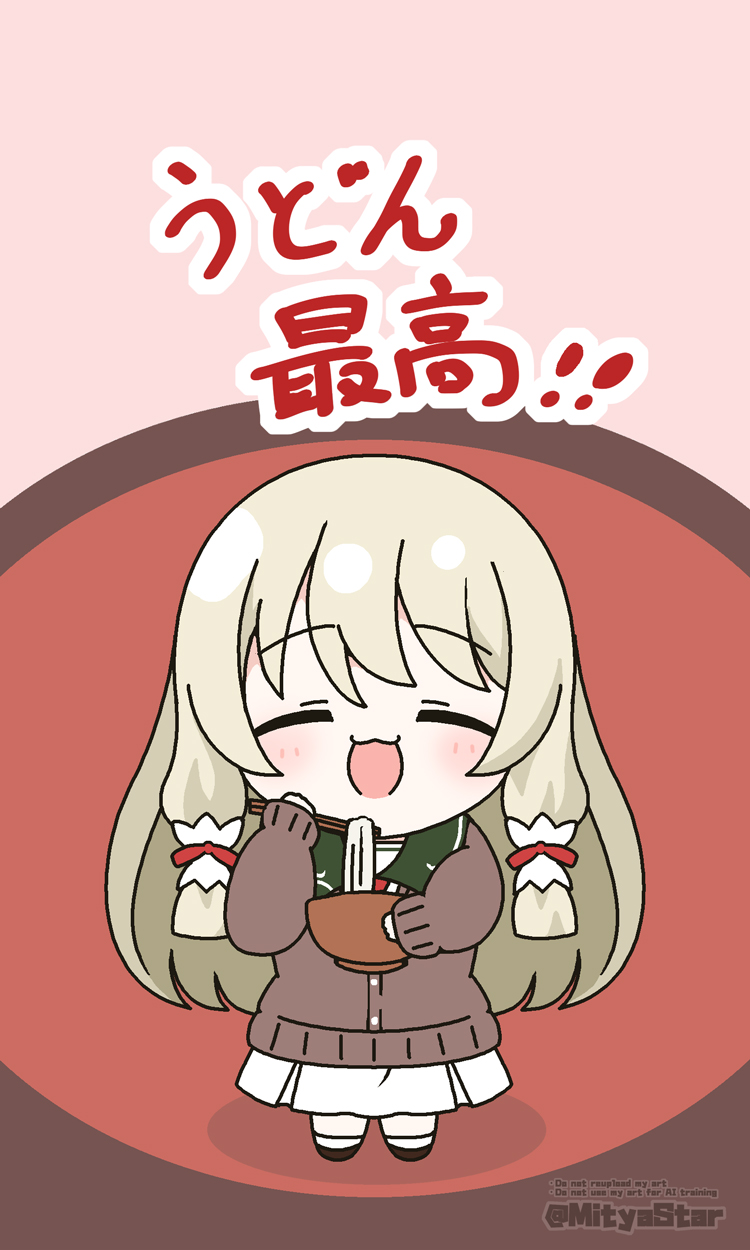 mitya, nogi sonoko, washio sumi wa yuusha de aru, yuusha de aru, commentary request, highres, translation request, 1girl, bowl, chibi, chopsticks, closed eyes, food, holding, holding bowl, long hair, noodles, skirt, solo, white skirt