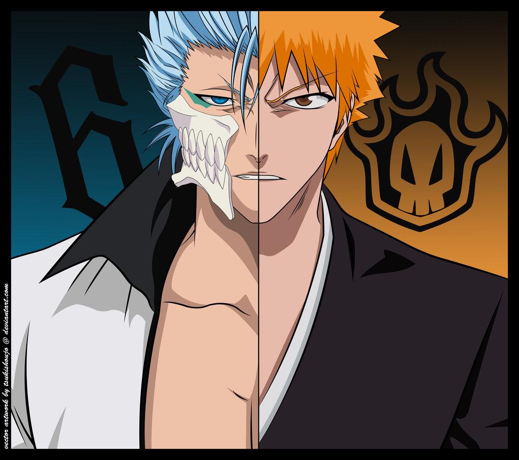 tsukishoujo, grimmjow jaegerjaquez, kurosaki ichigo, bleach, jpeg artifacts, 00s, 2boys, arrancar, blue eyes, blue hair, brown eyes, japanese clothes, male focus, multiple boys, number tattoo, orange hair, short hair, skull, tattoo