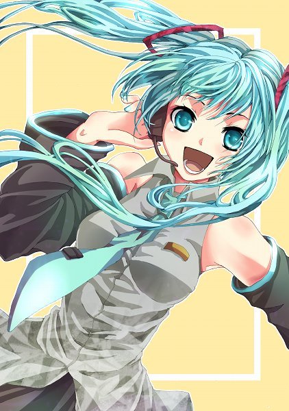 hakukai, hatsune miku, vocaloid, 1girl, aqua eyes, aqua hair, detached sleeves, female focus, headphones, headset, long hair, necktie, skirt, smile, solo, twintails