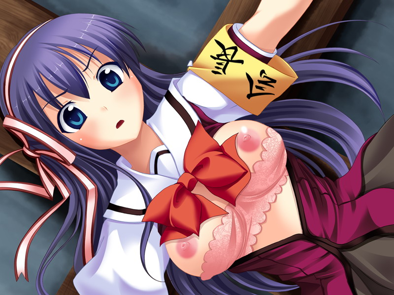 fumizuki yukari, suzumiya natsuki, hara hara!!, large variant set, third-party source, variant set, 1girl, armband, blue eyes, blush, bound, bow, bowtie, bra, bra pull, breasts, clothes pull, crucifixion, dutch angle, grey skirt, hair between eyes, hair ribbon, indoors, long hair, medium breasts, nipples, open clothes, open shirt, outstretched arms, parted lips, pink bra, purple hair, purple serafuku, red bow, ribbon, safety pin, school uniform, serafuku, short sleeves, skirt, solo, spread arms, standing, underwear, upper body, v-shaped eyebrows, yellow armband
