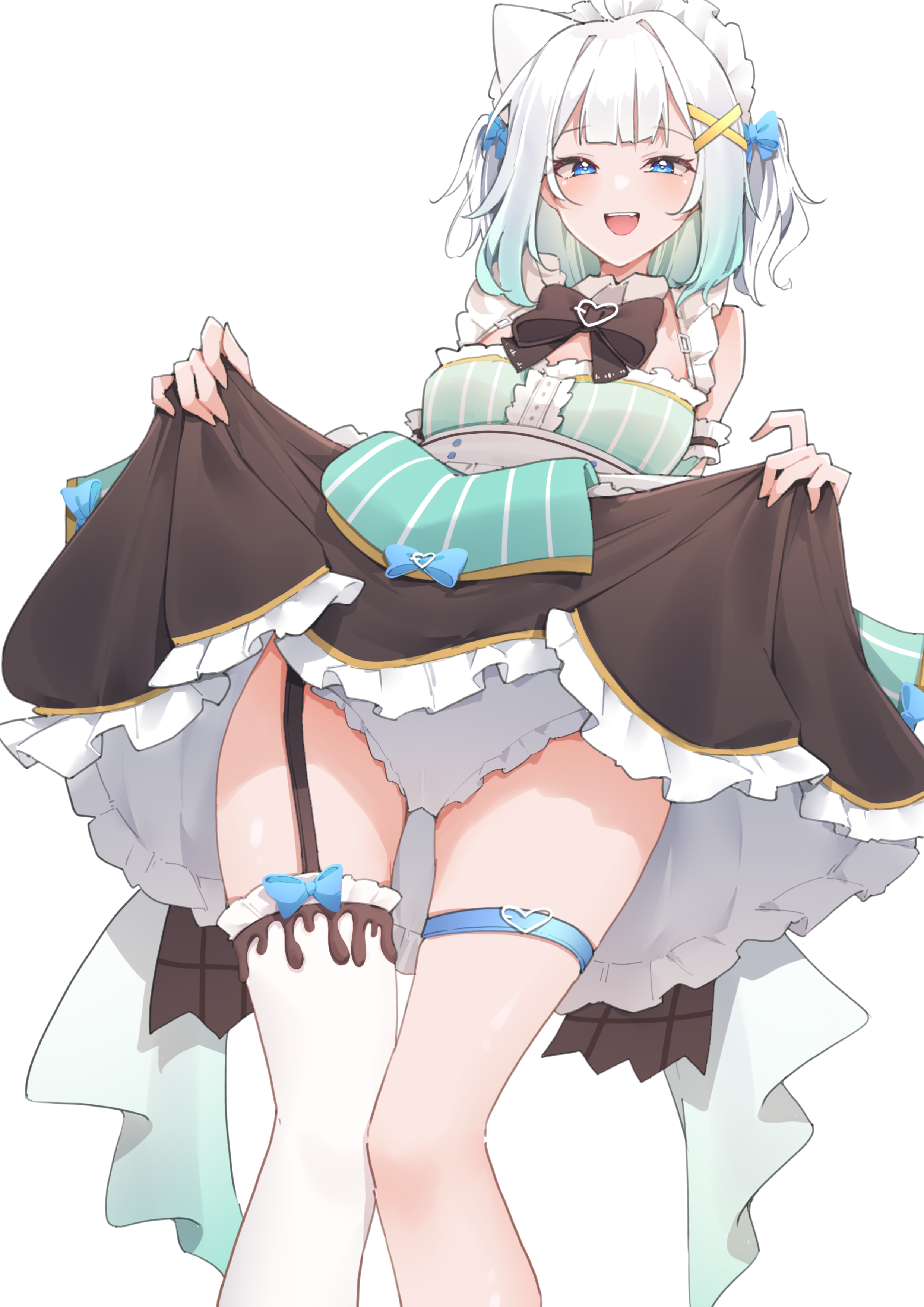 airenif, mint fantome, mint fantome (minto 2.0), indie virtual youtuber, absurdres, commentary, english commentary, highres, 1girl, :d, black garter straps, black skirt, blue eyes, buckle, center frills, clothes lift, detached sleeves, dress, frilled dress, frilled panties, frilled thighhighs, frills, garter straps, gradient hair, green dress, green hair, hair ornament, hairclip, heart, heart-shaped buckle, looking at viewer, maid headdress, miniskirt, multicolored hair, open mouth, panties, short hair, simple background, single thighhigh, skirt, skirt lift, skirt under dress, sleeveless, sleeveless dress, smile, solo, striped clothes, striped dress, teeth, thigh strap, thighhighs, triangular headpiece, two side up, underwear, upper teeth only, vertical-striped clothes, vertical-striped dress, virtual youtuber, wavy hair, white background, white hair, white panties, white thighhighs, x hair ornament
