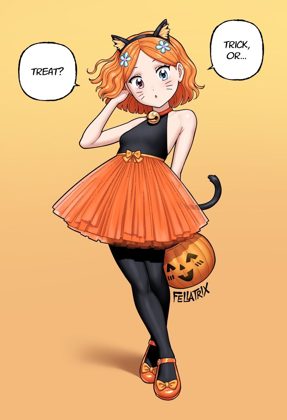 fellatrix, suzie q (fellatrix), original, commentary, english commentary, highres, 1girl, animal ears, artist name, bell, black pantyhose, black shirt, blue eyes, brown eyes, cat ears, cat girl, cat tail, english text, facial mark, halloween costume, heterochromia, jack-o'-lantern, jingle bell, looking at viewer, neck bell, orange background, orange hair, orange shoes, orange skirt, pantyhose, shirt, shoes, short hair, simple background, skirt, sleeveless, sleeveless shirt, speech bubble, tail, whisker markings