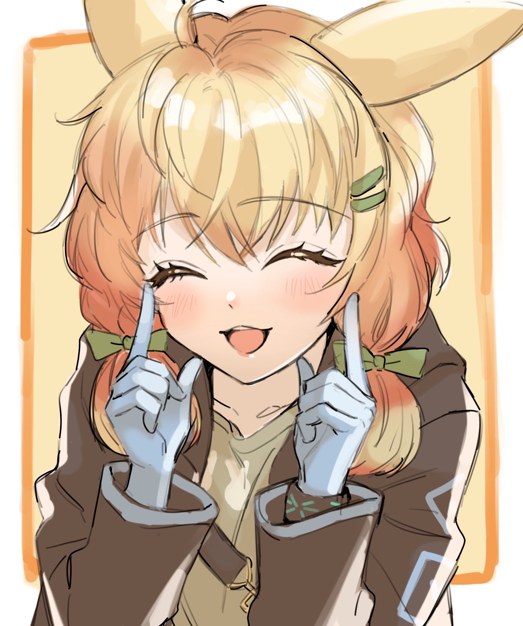 kemurikemu, kroos (arknights), arknights, commentary request, highres, 1girl, :3, :d, ^ ^, animal ears, black jacket, blonde hair, bow, closed eyes, facing viewer, fingers to cheeks, gloves, green bow, hair bow, hair ornament, hairclip, index fingers raised, jacket, long hair, long sleeves, open mouth, rabbit ears, rabbit girl, smile, solo, upper body, white gloves