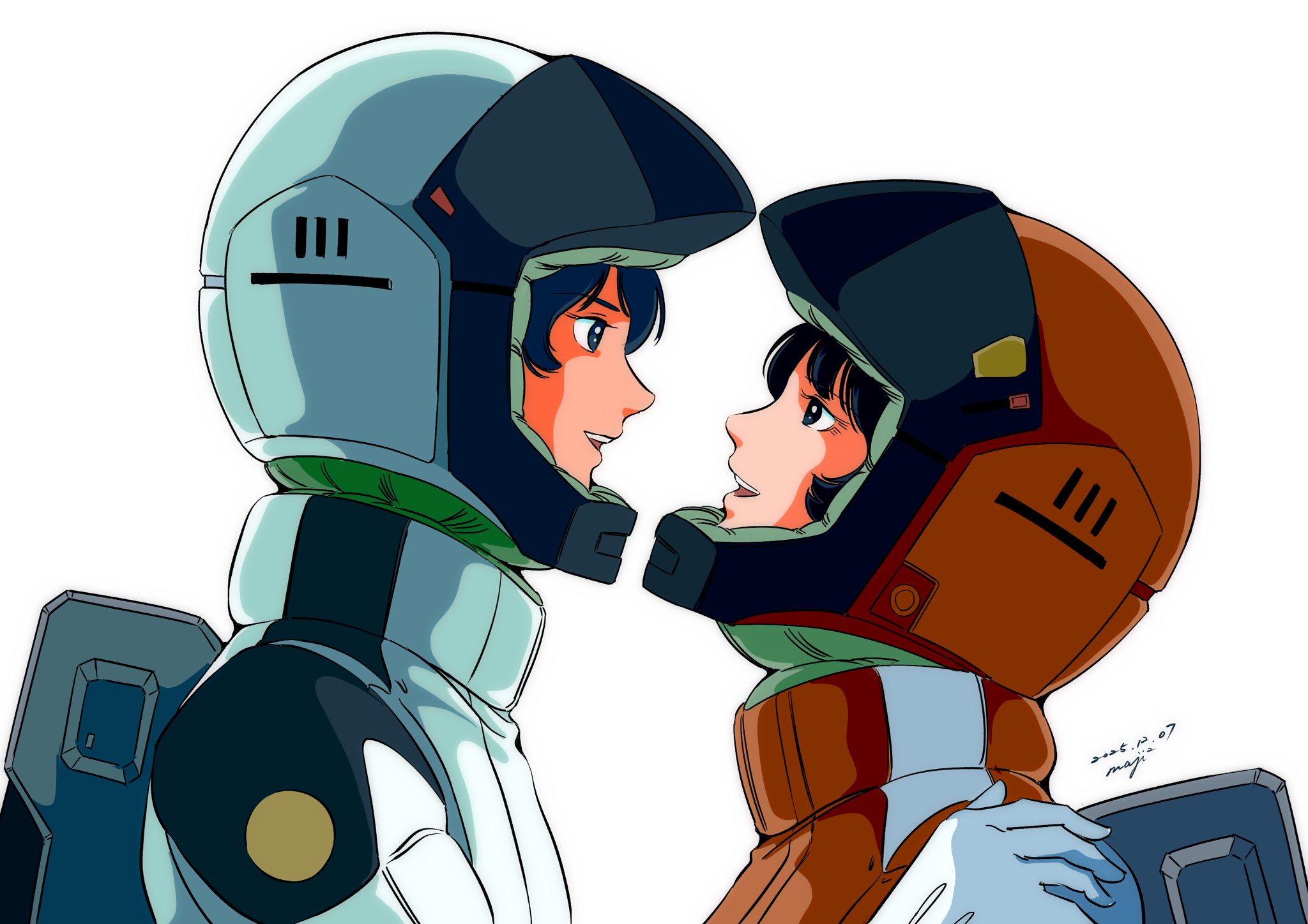 pgmajimaji, fa yuiry, kamille bidan, gundam, zeta gundam, highres, 1boy, 1girl, aeug, black hair, blue eyes, blue hair, couple, helmet, hetero, holding, looking at another, mecha pilot suit, military uniform, normal suit (gundam), open mouth, pilot helmet, science fiction, short hair, simple background, smile, white background