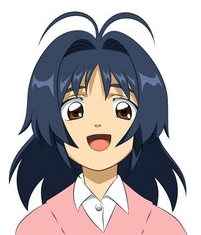 daikinbakuju, akiko (daikinbakuju), original, lowres, 1girl, ahoge, blue hair, brown eyes, long hair, open mouth, simple background, smile, white background