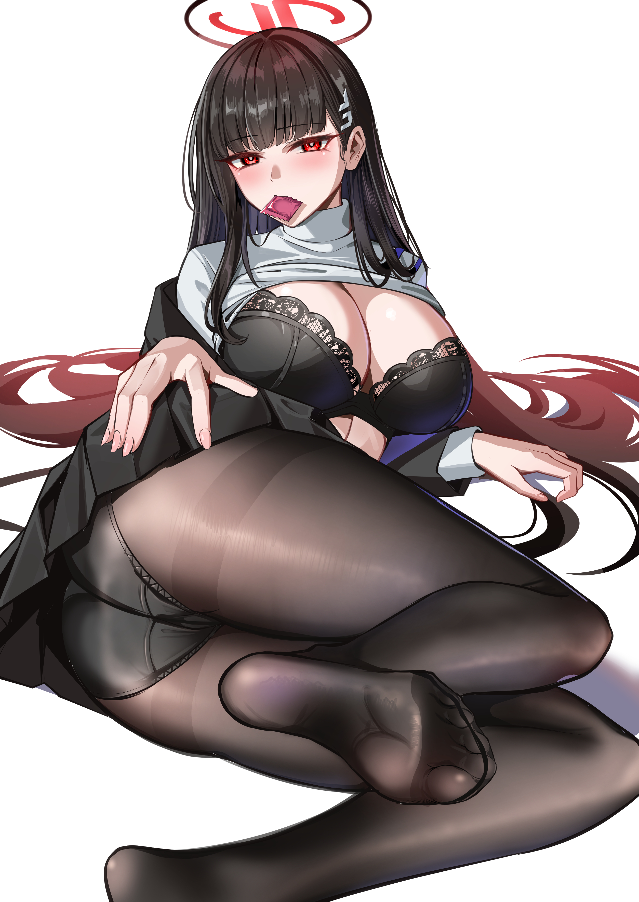 yoshimoto (carpsukidayo), rio (blue archive), blue archive, absurdres, highres, 1girl, ass, black hair, black jacket, black panties, black skirt, black suit, blush, breasts, brown pantyhose, cleavage, clothes lift, condom, condom wrapper, formal clothes, hair ornament, hairclip, halo, jacket, large breasts, long hair, long sleeves, looking at viewer, lying, miniskirt, off shoulder, panties, pantyhose, pleated skirt, red eyes, skirt, suit, sweater, thighband pantyhose, thighs, turtleneck, turtleneck sweater, underwear, white sweater