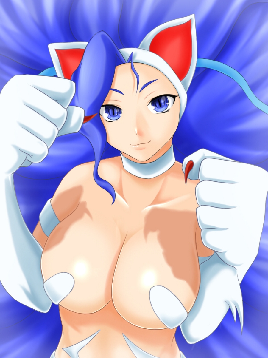 sei15, felicia (darkstalkers), capcom, darkstalkers, fur, highres, 1girl, animal ears, animal hands, big hair, blue eyes, blue hair, breasts, cat ears, cat girl, claws, cleavage, clenched hand, clenched hands, female focus, fighting stance, fingernails, hairband, large breasts, long fingernails, long hair, matching hair/eyes, nail polish, nude, shadow, slit pupils, smile, solo, upper body, very long hair