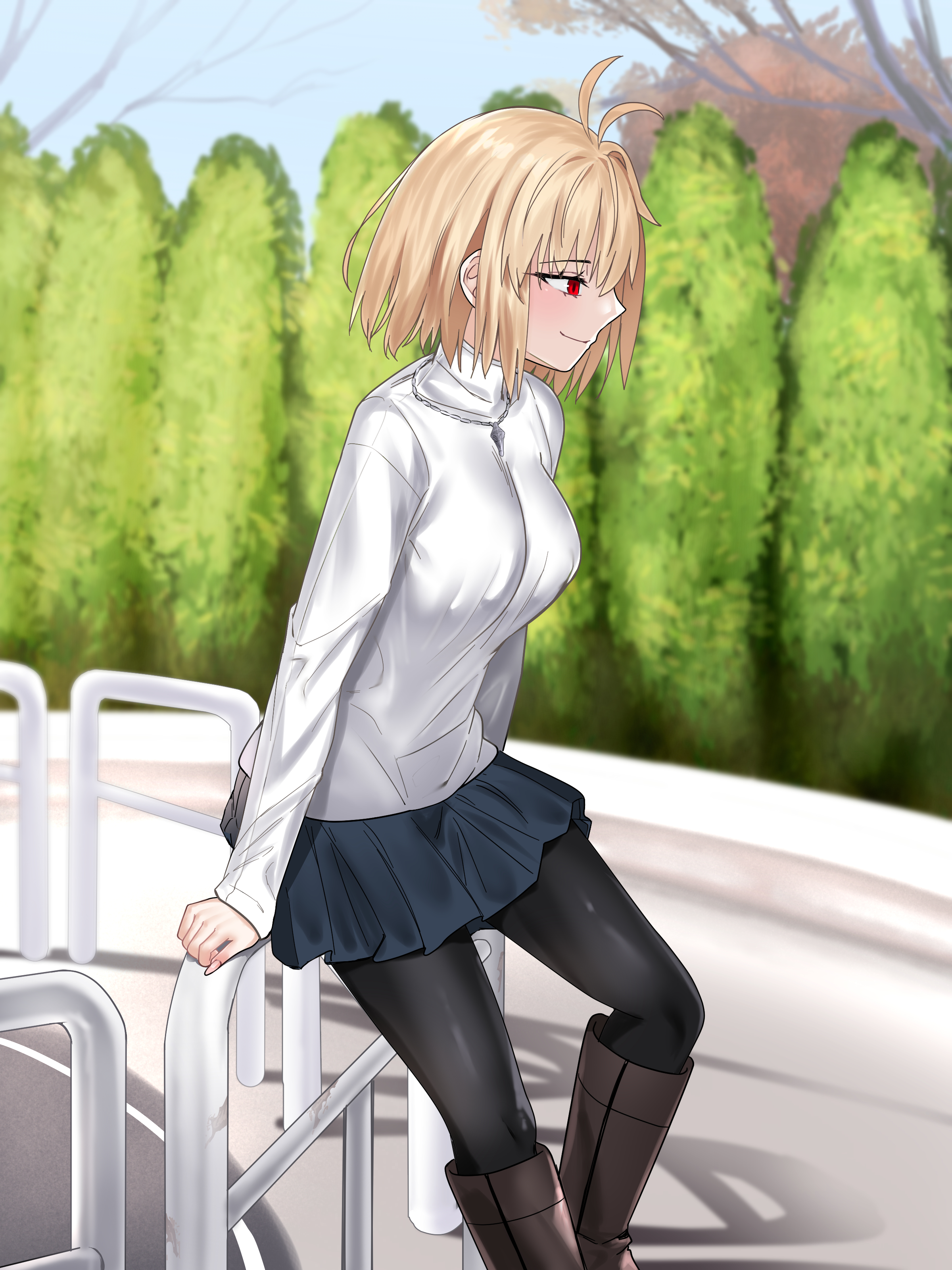 blue notuki, arcueid brunestud, tsukihime, absurdres, highres, 1girl, black pantyhose, blonde hair, blue skirt, blush, boots, breasts, brown boots, knee boots, large breasts, long sleeves, pantyhose, red eyes, short hair, skirt, smile, solo, sweater, thighs, turtleneck, turtleneck sweater, white sweater