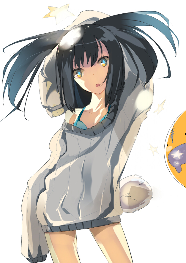 momi, original, 1girl, bikini, black hair, female focus, multicolored eyes, oversized clothes, short hair, solo, sweater, swimsuit