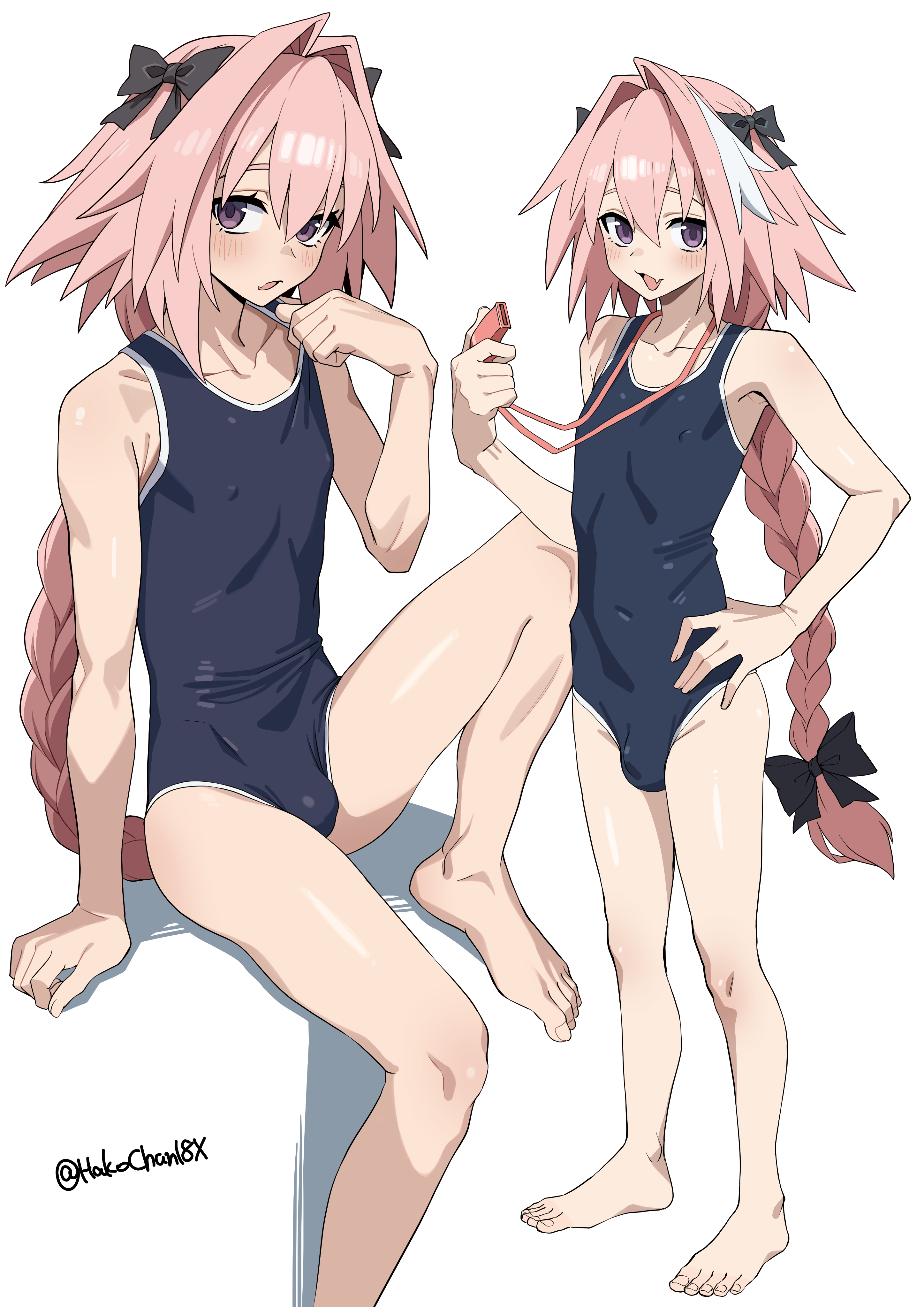 bo (bocky0w0), astolfo (fate), fate/grand order, fate (series), absurdres, highres, 1boy, bare arms, bare legs, bare shoulders, barefoot, black one-piece swimsuit, braid, braided ponytail, bulge, covered erect nipples, fang, hair intakes, hand on own hip, holding, holding whistle, long hair, looking at viewer, male focus, multiple views, one-piece swimsuit, pink hair, purple eyes, school swimsuit, simple background, skin fang, smile, swimsuit, trap, twitter username, whistle, whistle around neck, white background