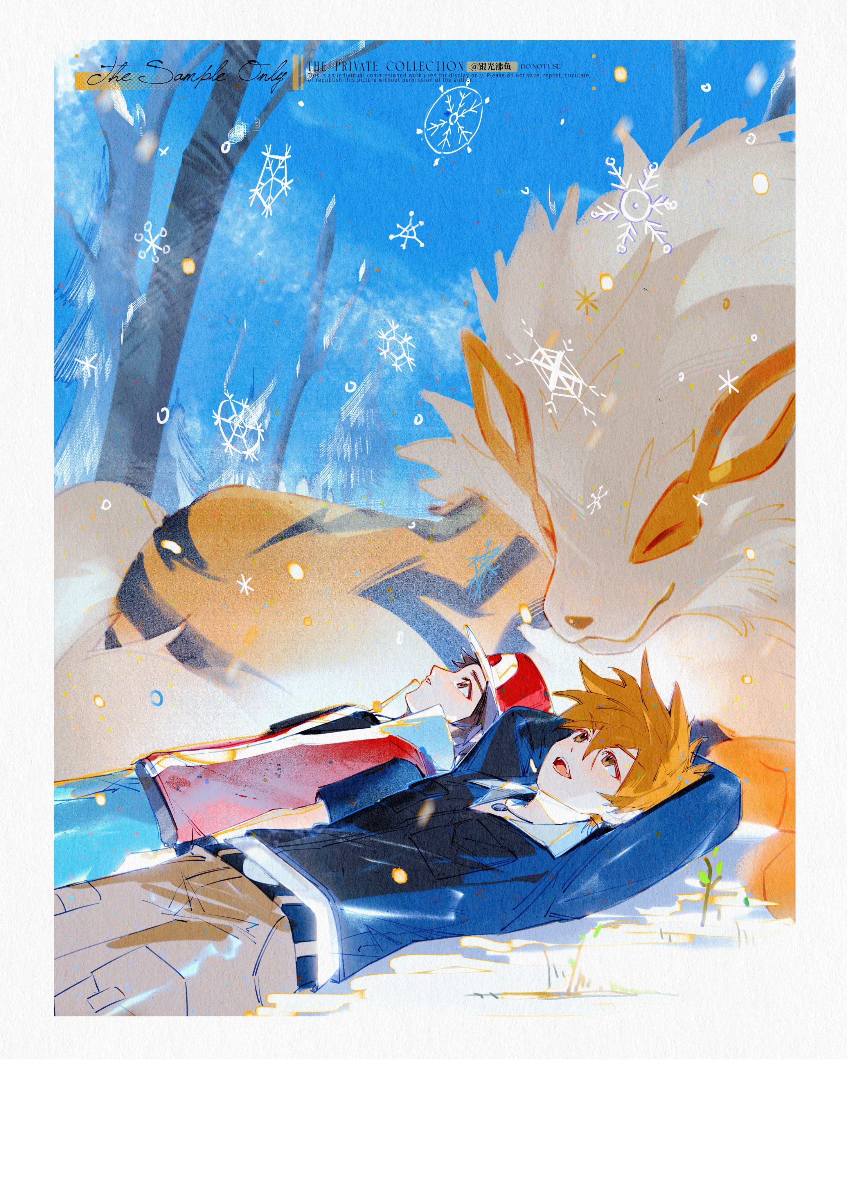 fiy1827565, arcanine, blue oak, red (pokemon), nintendo, pokemon, pokemon frlg, absurdres, highres, baseball cap, belt, black belt, black shirt, blue pants, blue sky, border, brown pants, closed eyes, day, gen 1 pokemon, hat, looking up, lying, male focus, on back, open mouth, orange fur, orange hair, pants, pokemon (creature), red hat, red shirt, shirt, sky, smile, snow, spiked hair, striped fur, tree, white border, winter