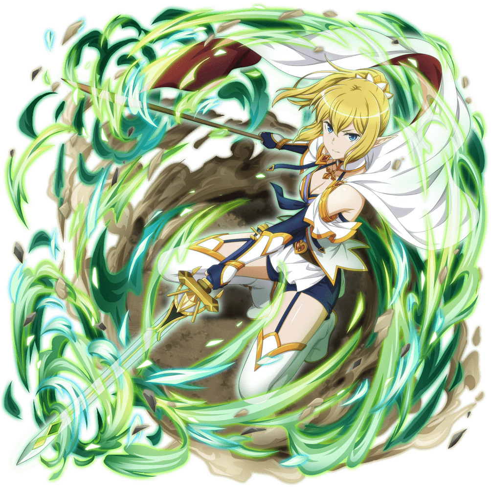 ryu lion, danmachi memoria freese, dungeon ni deai wo motomeru no wa machigatteiru darou ka, game cg, official art, third-party source, 1girl, anime coloring, bare shoulders, blonde hair, blue gloves, blue shorts, boots, breasts, cape, cleavage, dual wielding, elf, fingerless gloves, gloves, hair between eyes, halterneck, holding, holding sword, holding weapon, long hair, looking at viewer, magical girl, medium breasts, official alternate costume, pointy ears, ponytail, shorts, sidelocks, solo, squatting, sword, thigh boots, vambraces, weapon, white boots, white cape, wooden sword