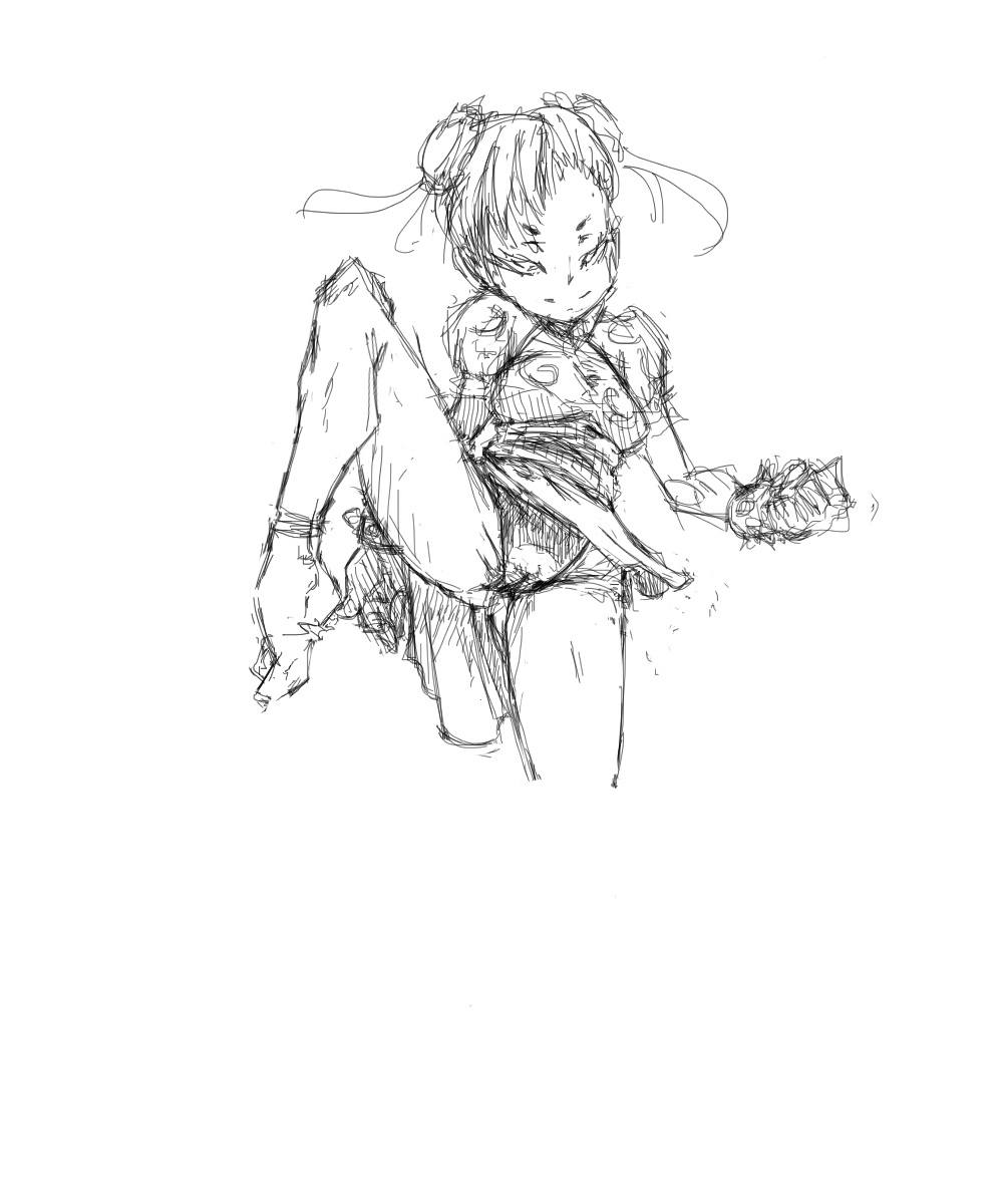 chun-li, capcom, street fighter, highres, self-upload, tagme, greyscale, monochrome, pantyhose, sketch, solo