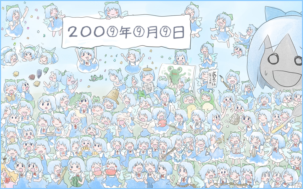 hitsuji (bluesheep), takanashi akihito, cirno, ibuki suika, touhou, 6+girls, animal costume, chibi, circled 9, clone, frog, frog costume, multiple girls
