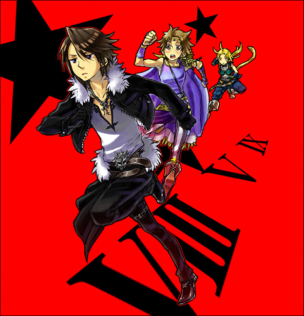 kumo nokai, bartz klauser, squall leonhart, zidane tribal, dissidia final fantasy, final fantasy, final fantasy ix, final fantasy v, final fantasy viii, bad id, bad pixiv id, 00s, 1990s (style), 3boys, belt, blonde hair, blue eyes, brown eyes, brown hair, cape, jewelry, male focus, multiple boys, necklace, ponytail, red background, red theme, retro artstyle, roman numeral, running, scar, star (symbol), tail