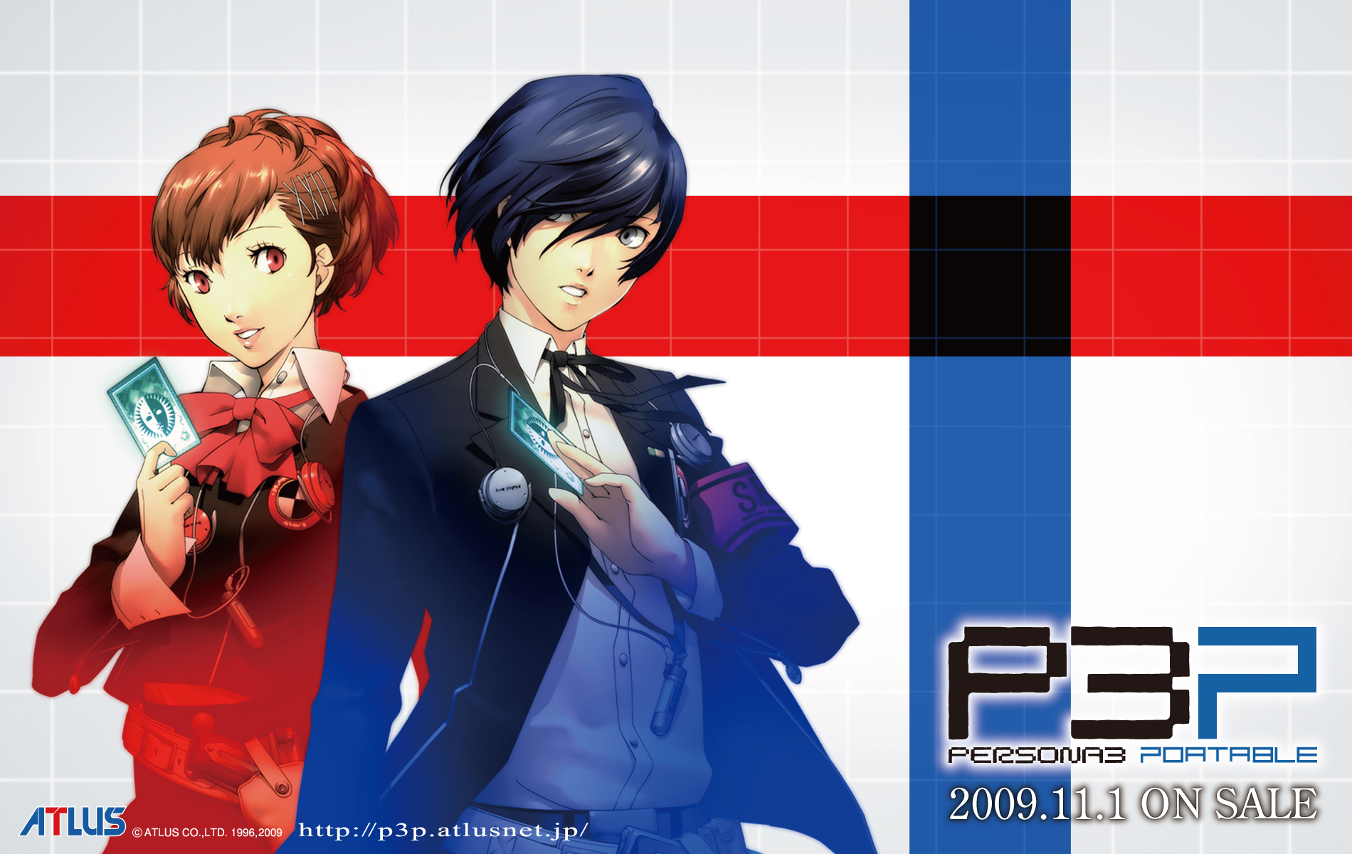 soejima shigenori, shiomi kotone, yuuki makoto (persona 3), atlus, persona, persona 3, persona 3 portable, highres, official art, official wallpaper, blue eyes, blue hair, bow, brown hair, headphones, mp3 player, red eyes, ribbon, school uniform, smile