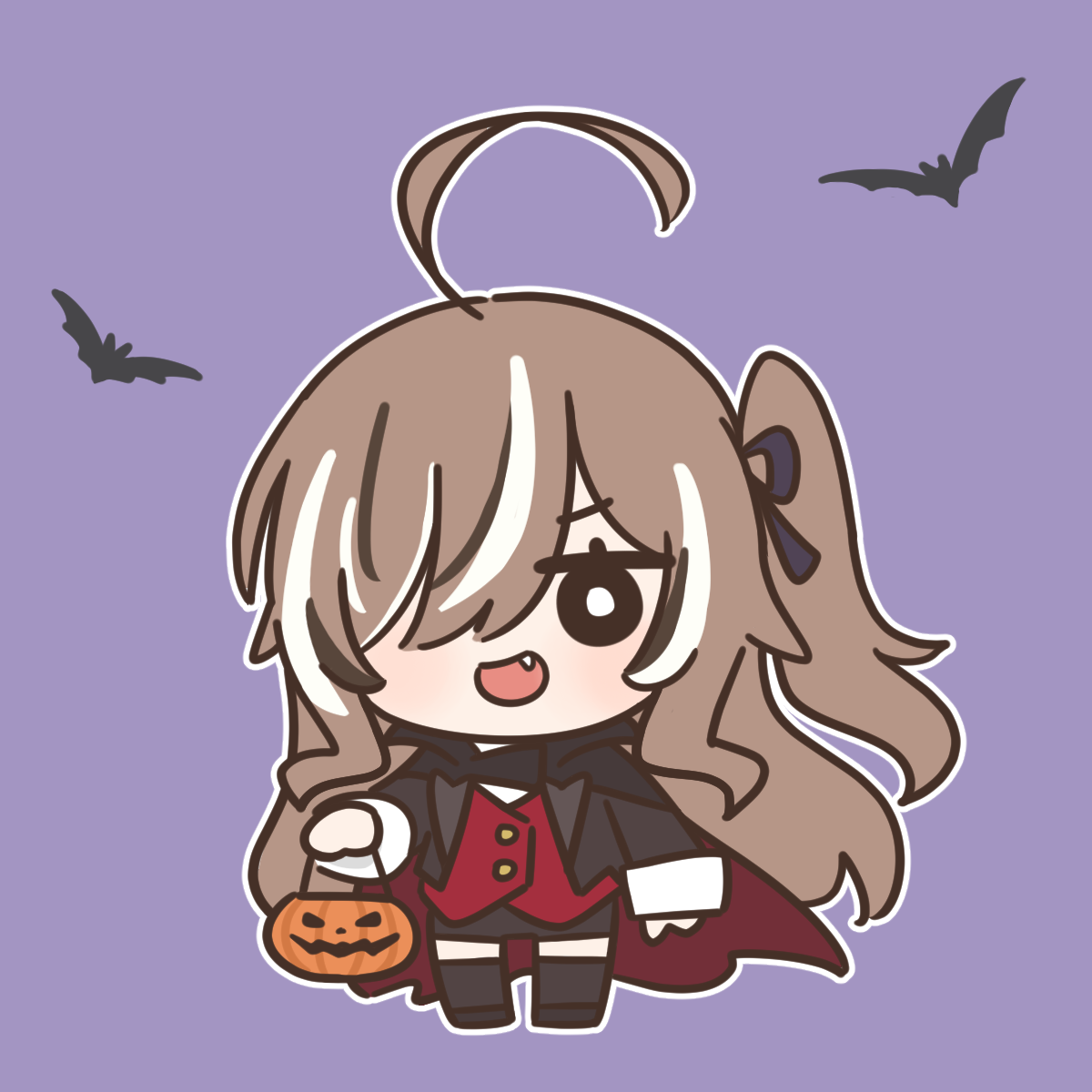 bloodymoonia, nanashi mumei, hololive, hololive english, commentary, english commentary, highres, 1girl, ahoge, bat (animal), bat wings, black cape, brown hair, buttons, cape, fang, hair over one eye, halloween, halloween costume, multicolored hair, red cape, red vest, shirt, streaked hair, trick or treat, two-sided cape, two-sided fabric, vampire, vampire costume, vest, virtual youtuber, wings