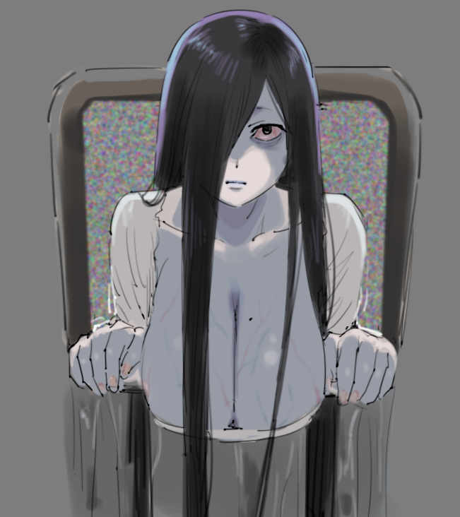 qopqop, yamamura sadako, the ring, 1girl, breasts, ghost girl, hair over one eye, huge breasts, long hair, static, veins, veiny breasts, very long hair