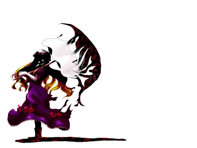 ikkei dou, yakumo yukari, touhou, bad id, bad pixiv id, 1girl, blonde hair, female focus, gap (touhou), hat, long hair, parasol, solo, umbrella, white background