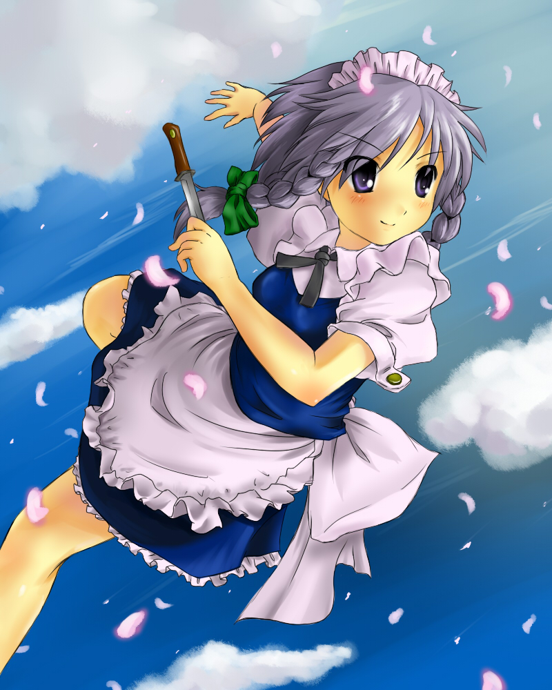 tsugaru9, tsugaru (enoken), izayoi sakuya, touhou, silver hair, 1girl, braid, female focus, knife, maid, solo, throwing knife, twin braids, weapon