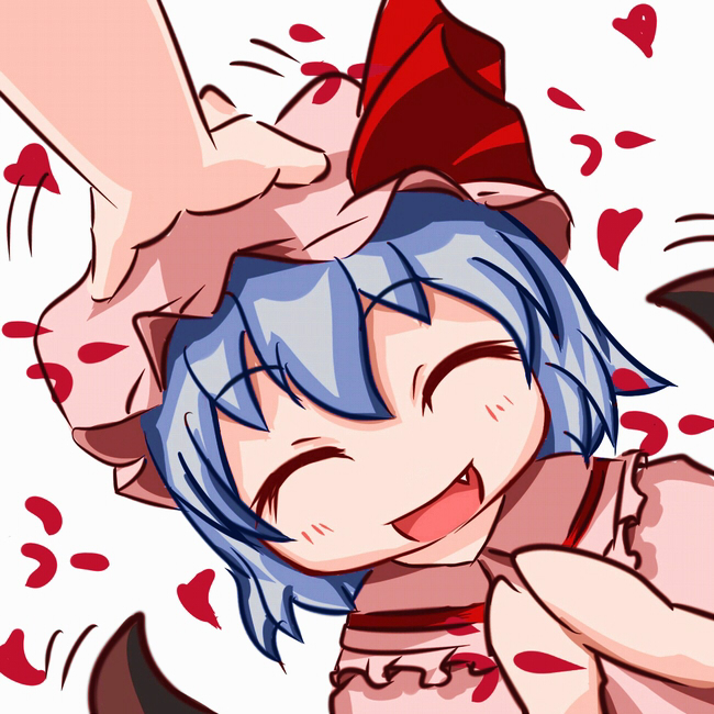 madhand, remilia scarlet, touhou, bad id, bad pixiv id, 1girl, blue hair, closed eyes, fang, female focus, happy, hat, head pat, headpat, short hair, solo focus