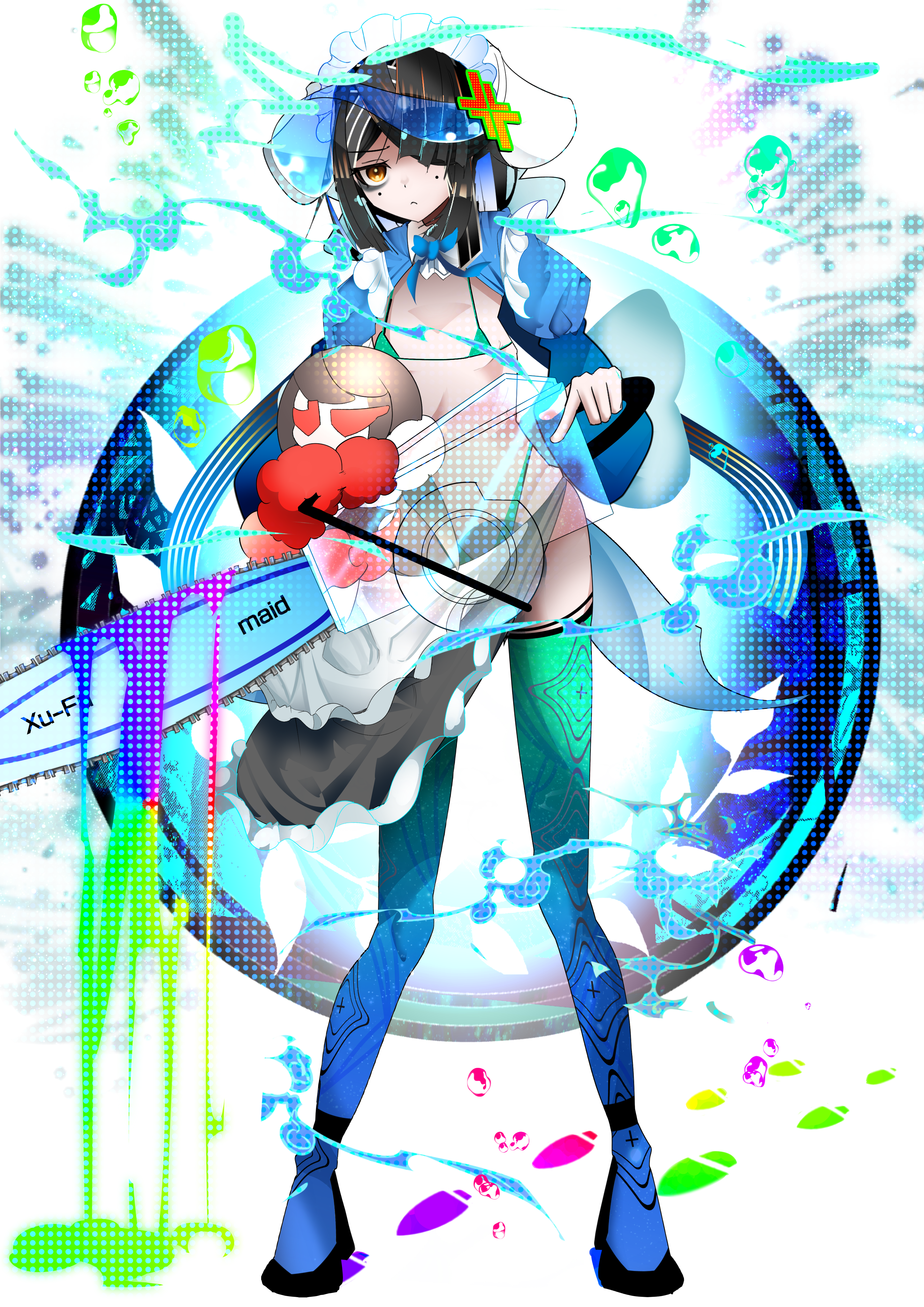 kitsunebi44410, xu fu (fate), xu fu (swimsuit avenger) (first ascension) (fate), fate/grand order, fate (series), absurdres, highres, 1girl, adapted costume, anger vein, apron, bikini, black hair, black skirt, blue hat, blue shrug, breasts, brown eyes, chainsaw, full body, green bikini, green thighhighs, hair over one eye, hat, lady yu doll, long sleeves, looking at viewer, micro bikini, miniskirt, mole, mole under eye, short hair, shrug (clothing), skirt, small breasts, swimsuit, thighhighs, visor cap, waist apron, white apron, white hat