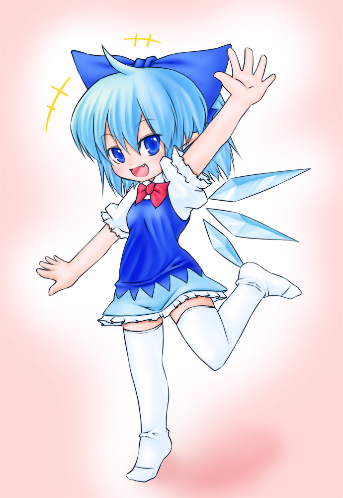 noya makoto, cirno, embodiment of scarlet devil, touhou, blue eyes, blue hair, bow, fang, hair bow, short hair, solo, thighhighs, wings, zettai ryouiki
